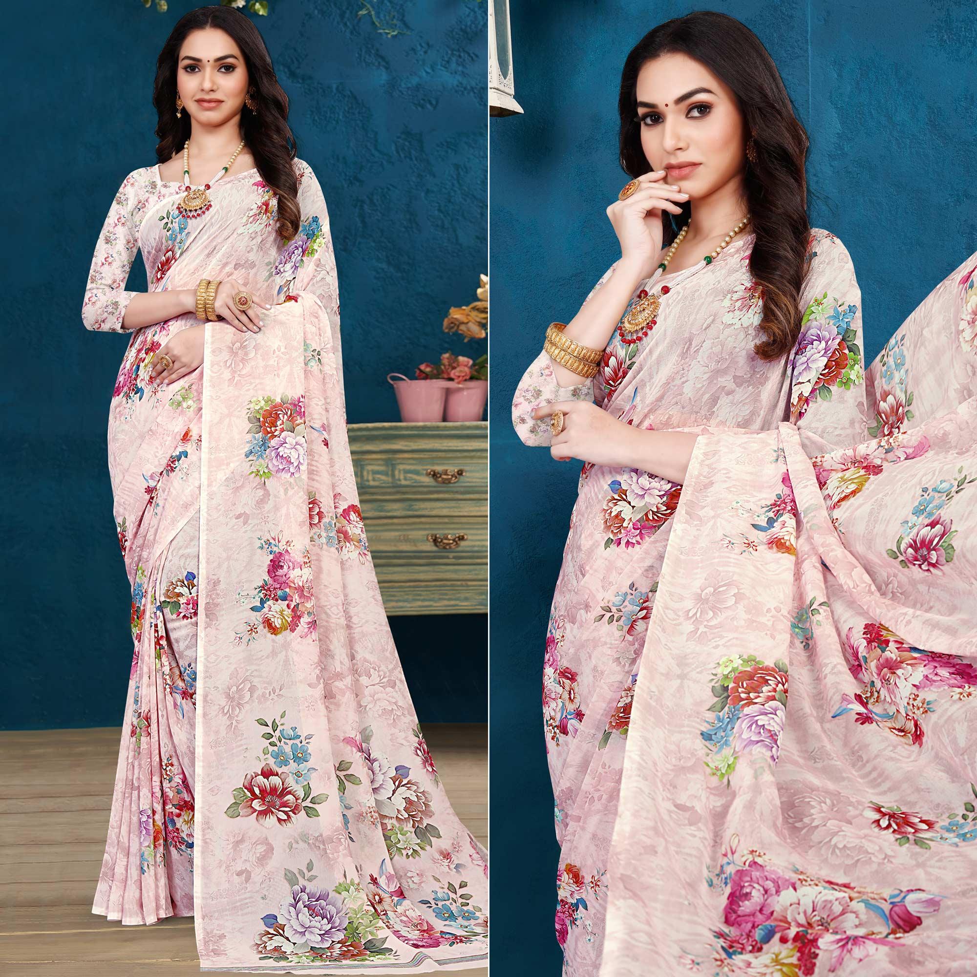 Pink Casual Wear Digital Printed Georgette Saree - Peachmode