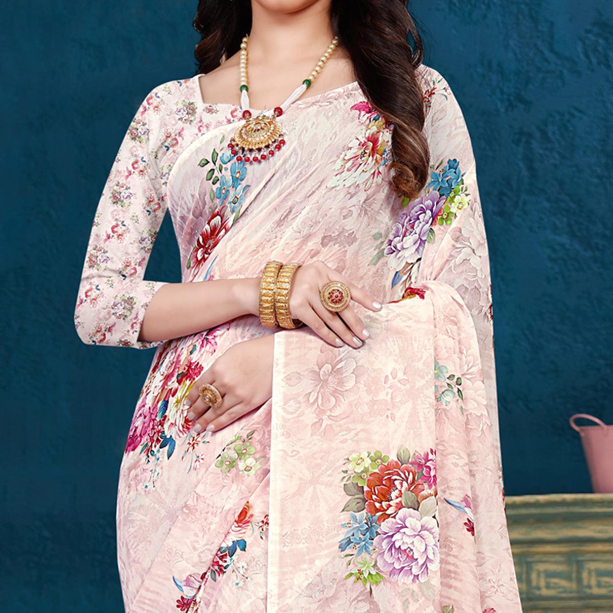 Pink Casual Wear Digital Printed Georgette Saree - Peachmode