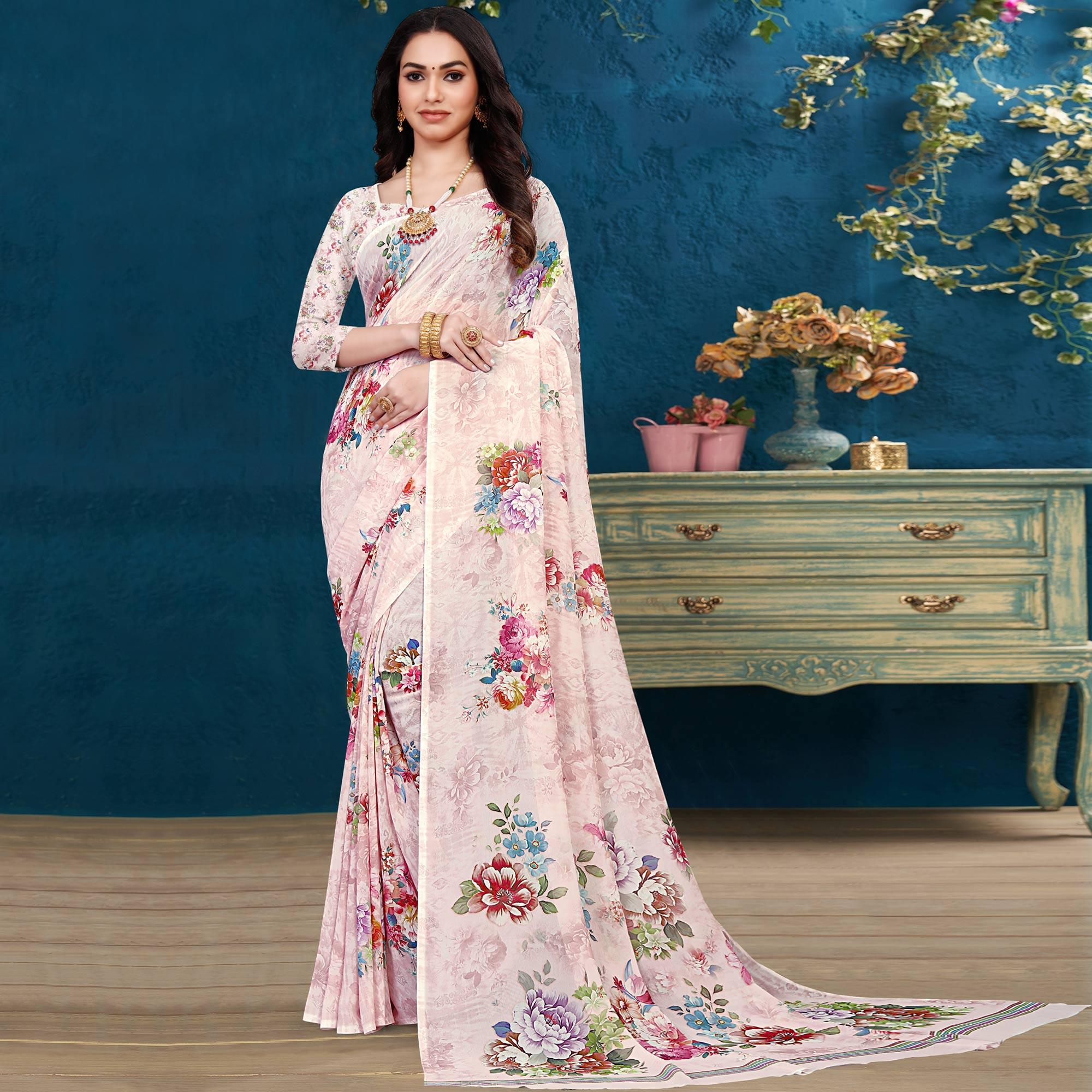 Pink Casual Wear Digital Printed Georgette Saree - Peachmode