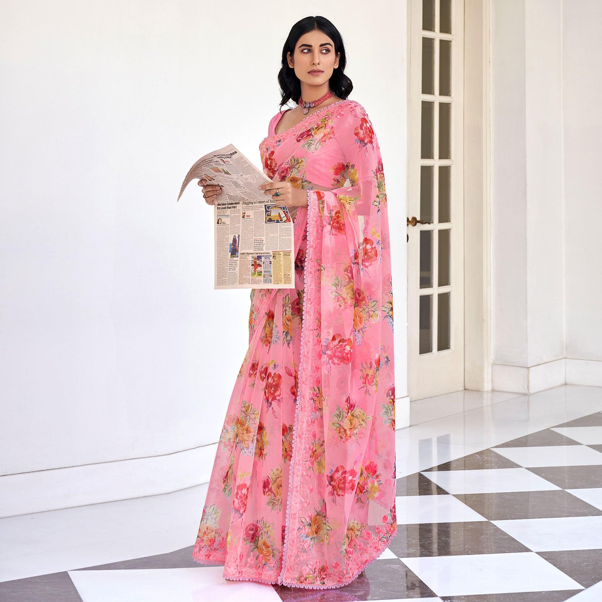 Pink Casual Wear Digital Printed Organza Saree - Peachmode