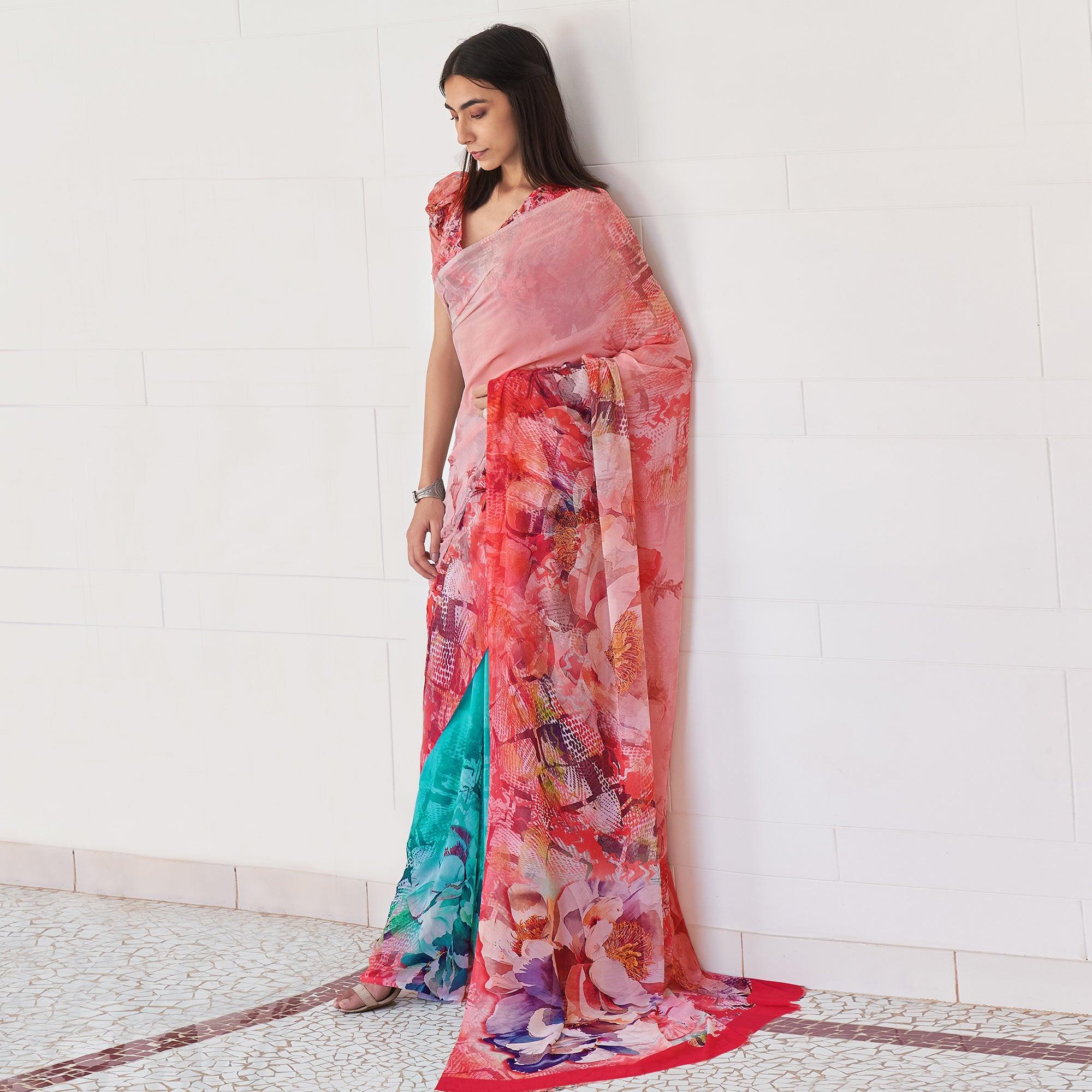 Pink Casual Wear Digital Printed Satin Georgette Saree - Peachmode