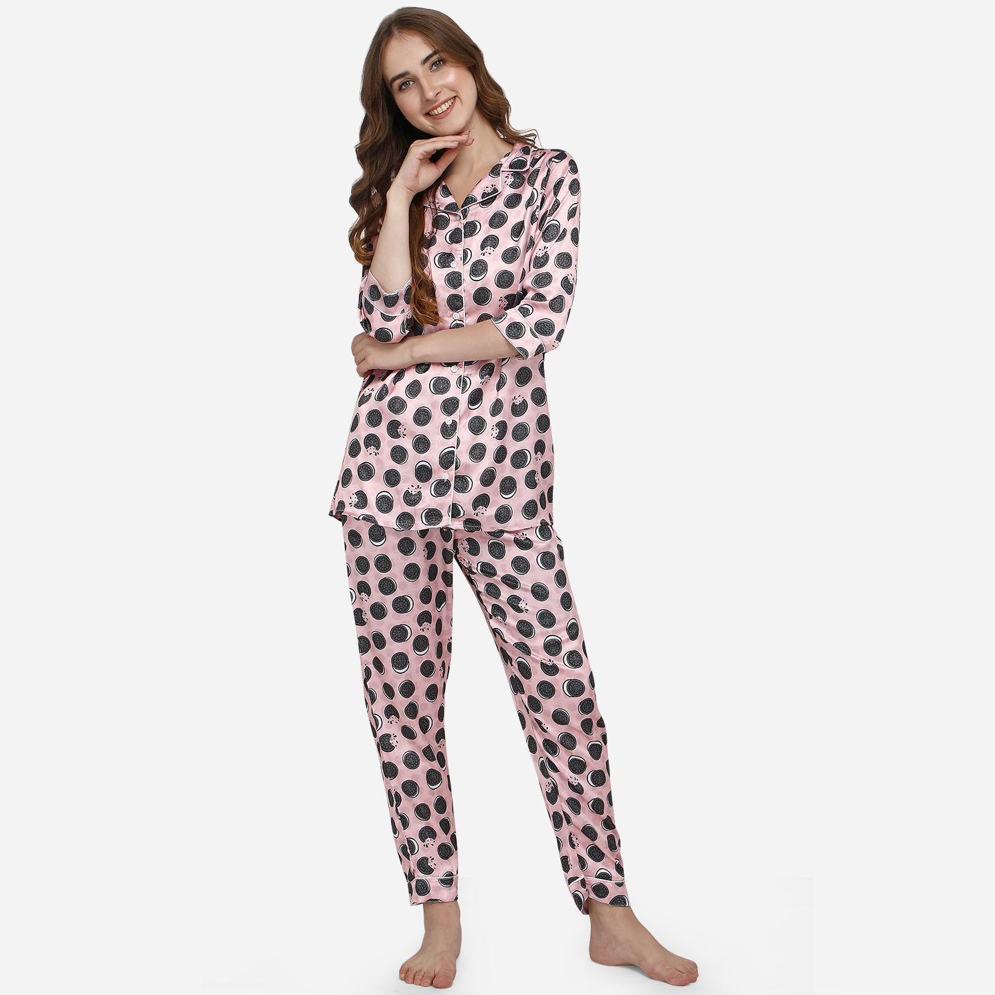 Pink Casual Wear Digital Printed Satin Night Suit - Peachmode