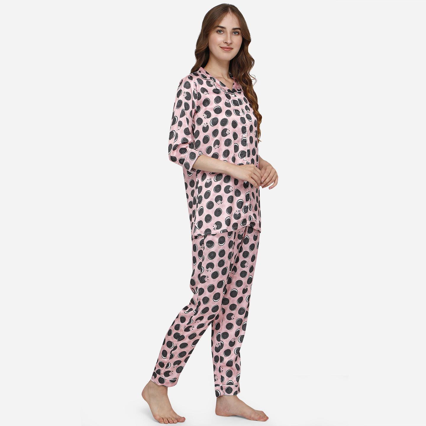 Pink Casual Wear Digital Printed Satin Night Suit - Peachmode