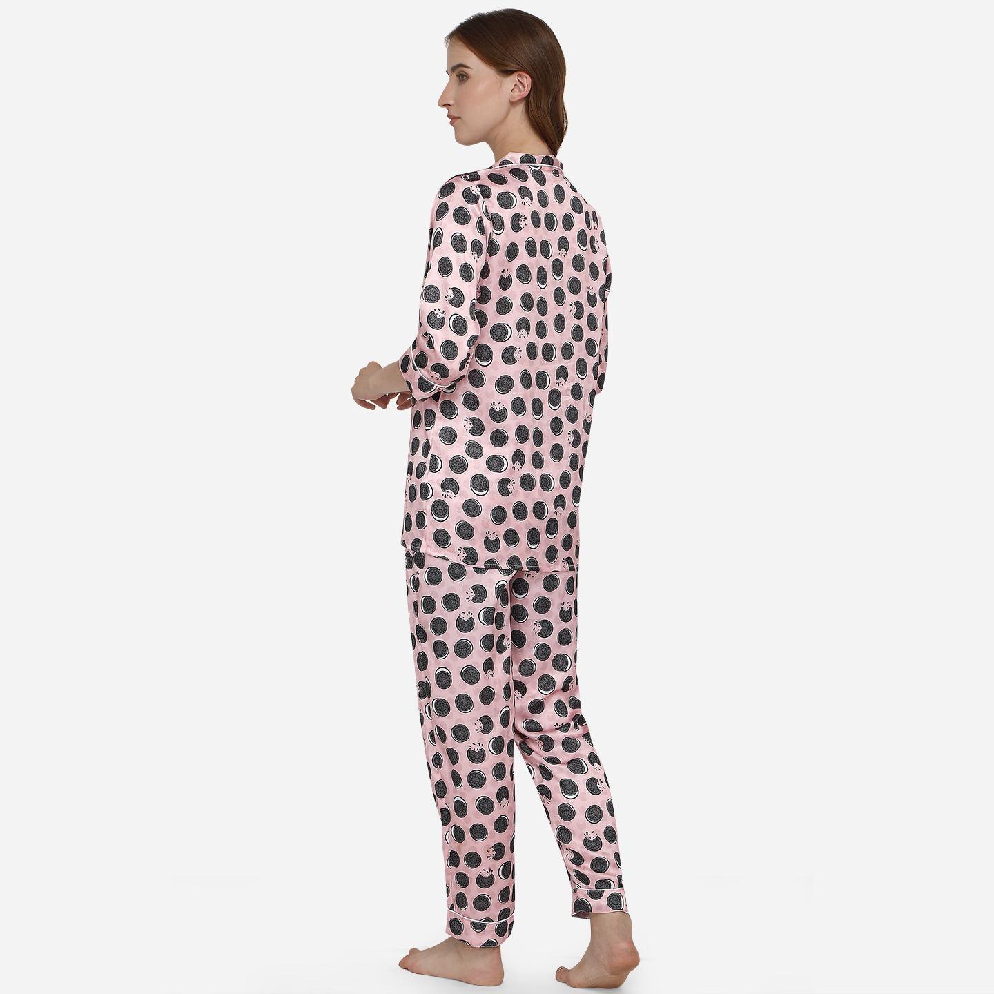 Pink Casual Wear Digital Printed Satin Night Suit - Peachmode