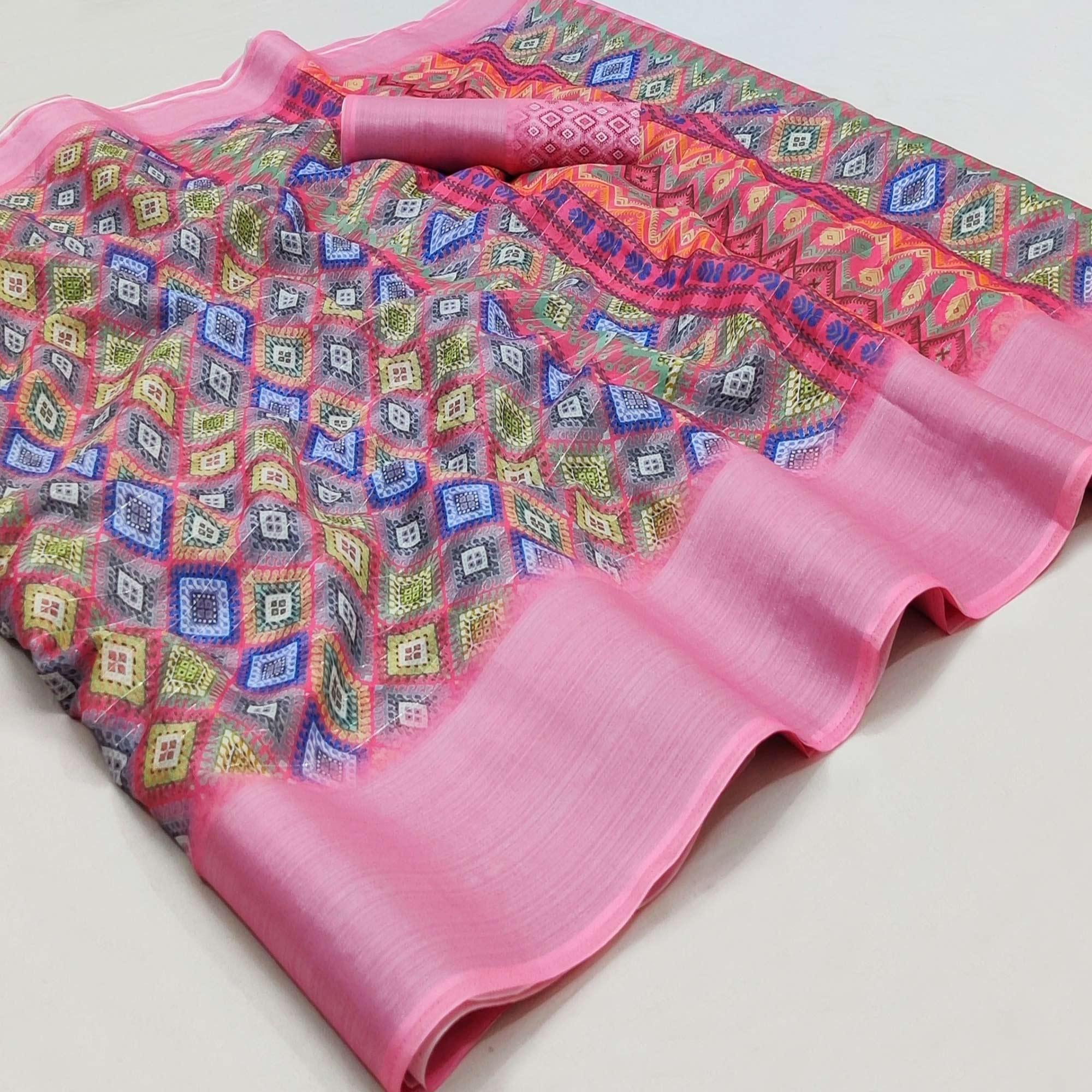 Pink Casual Wear Digital Printed Silk Saree With jacquard Border - Peachmode