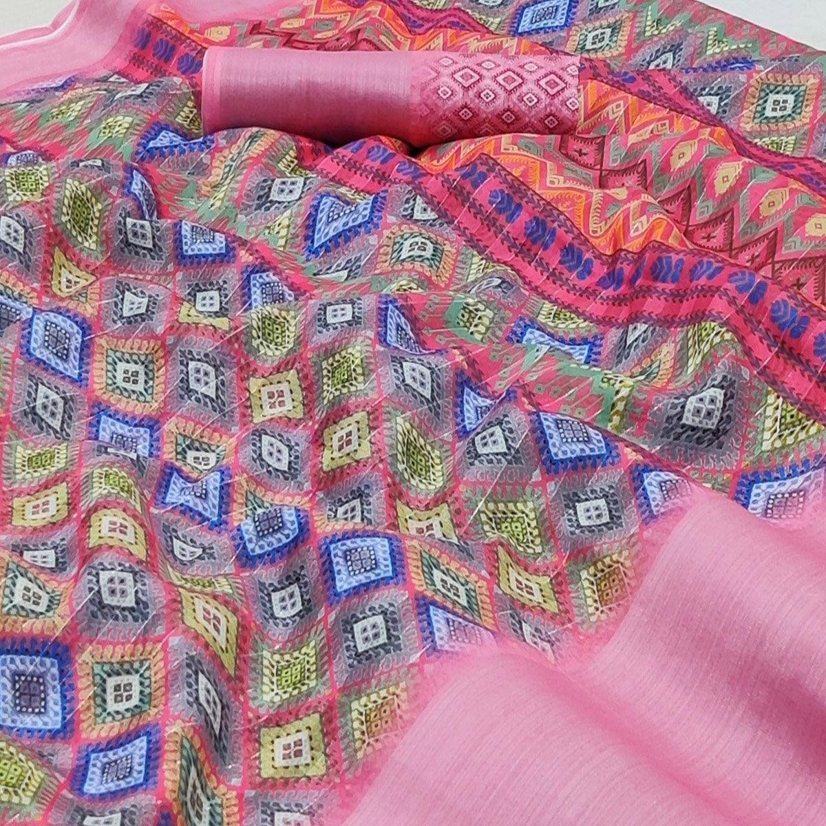 Pink Casual Wear Digital Printed Silk Saree With jacquard Border - Peachmode