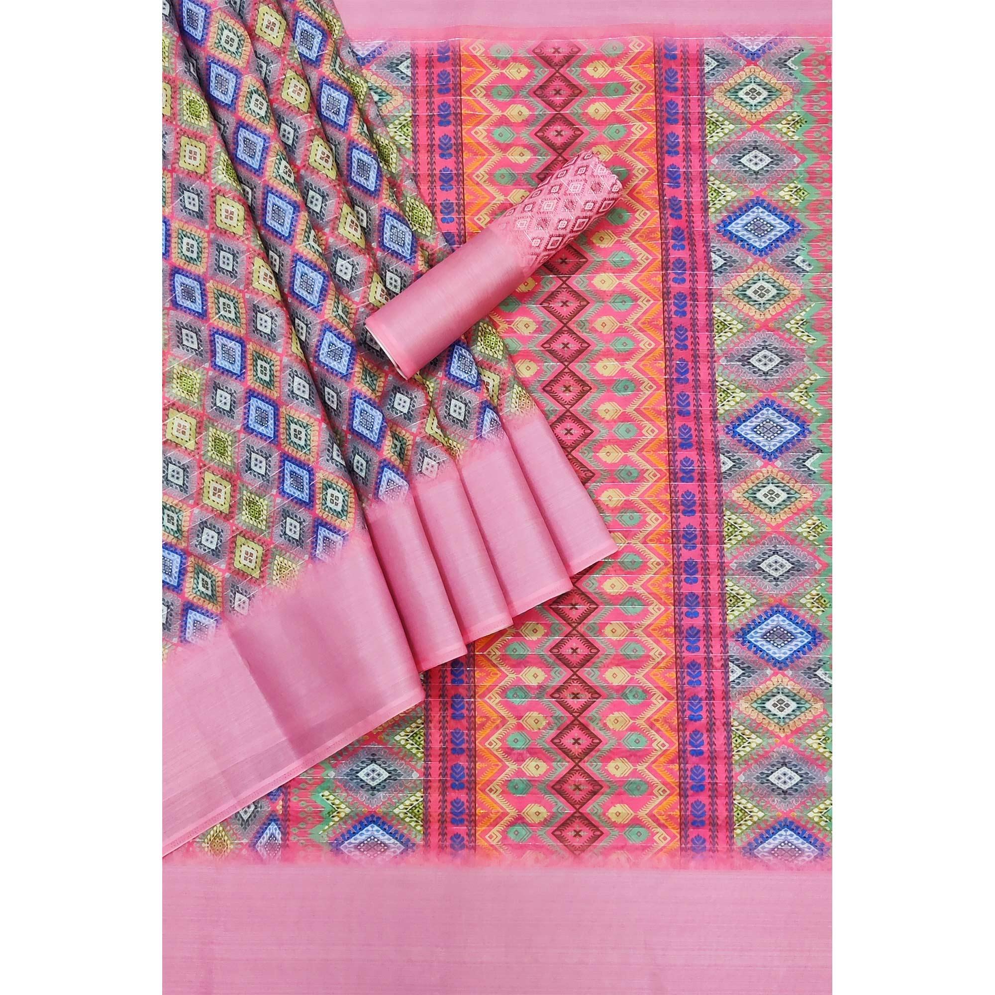 Pink Casual Wear Digital Printed Silk Saree With jacquard Border - Peachmode