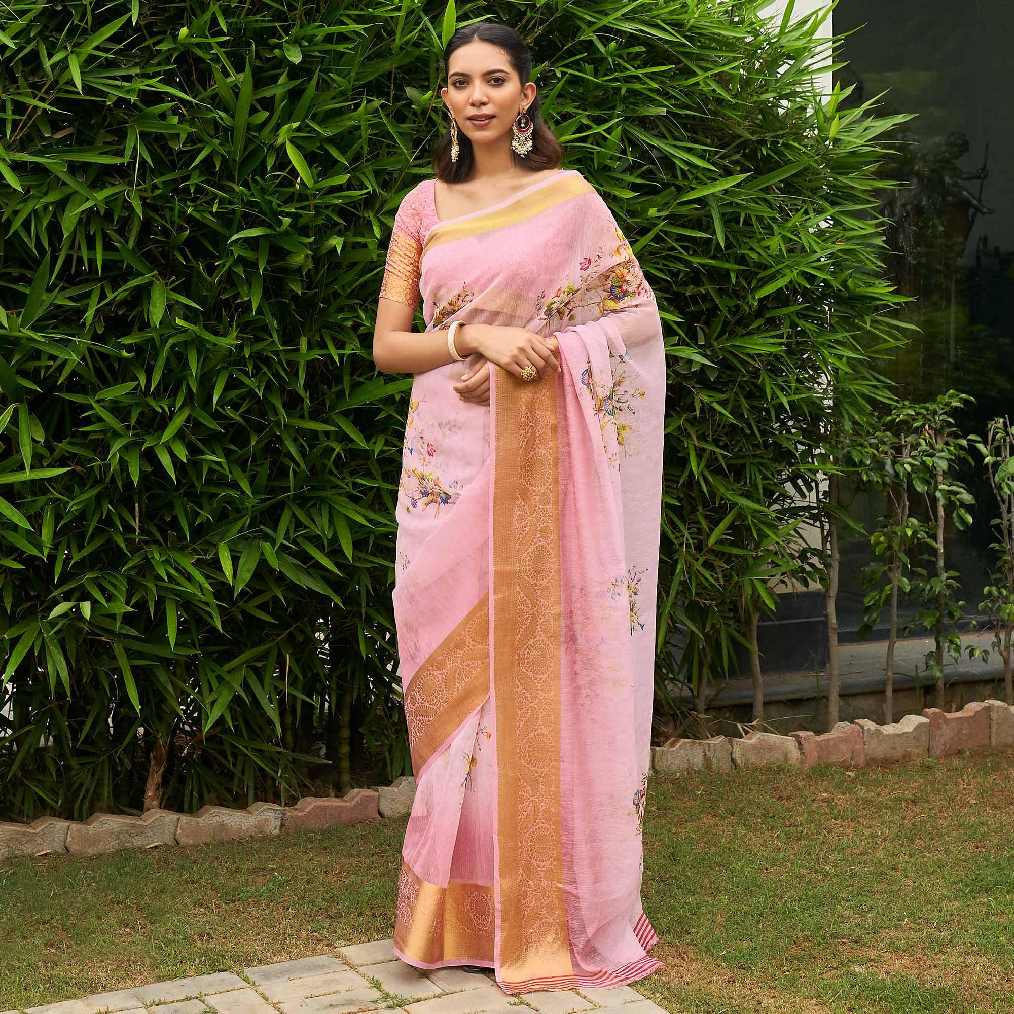 Pink Casual Wear Digital Printed Soft Organza Saree - Peachmode