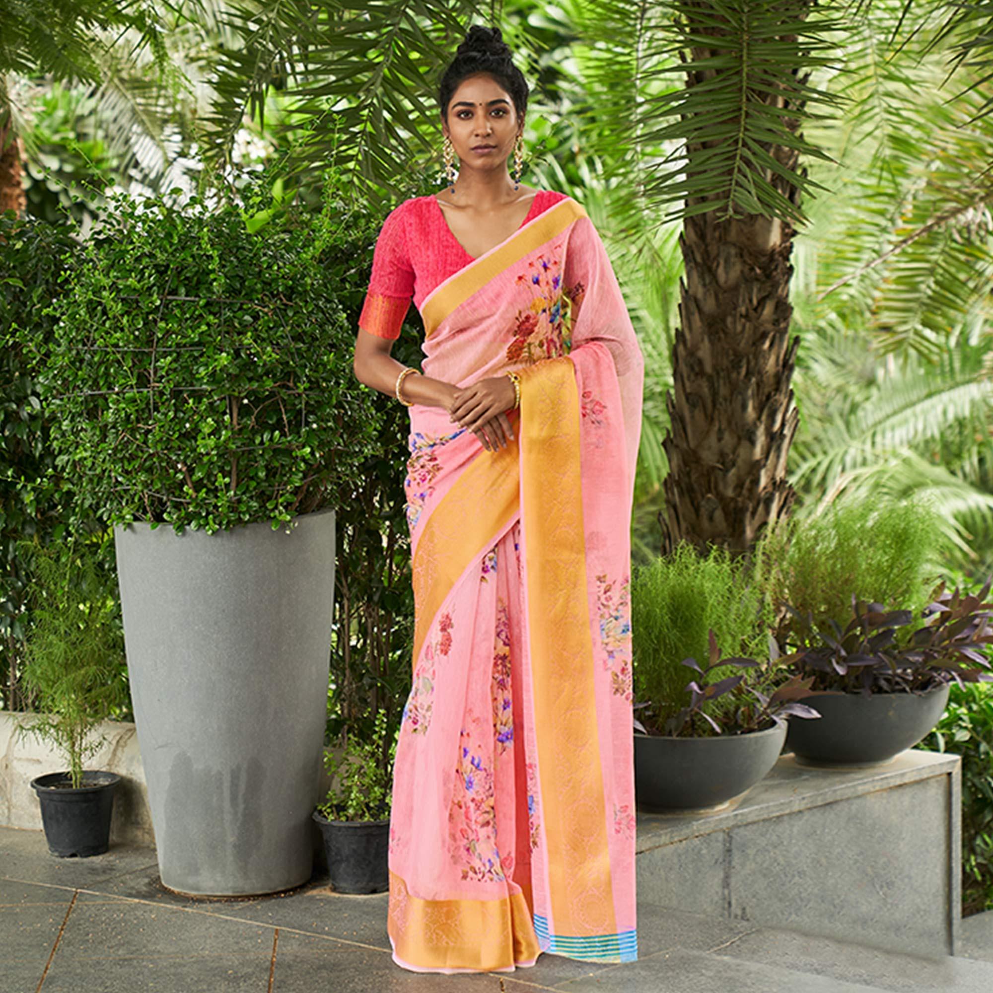 Pink Casual Wear Digital Printed Soft Organza Saree - Peachmode