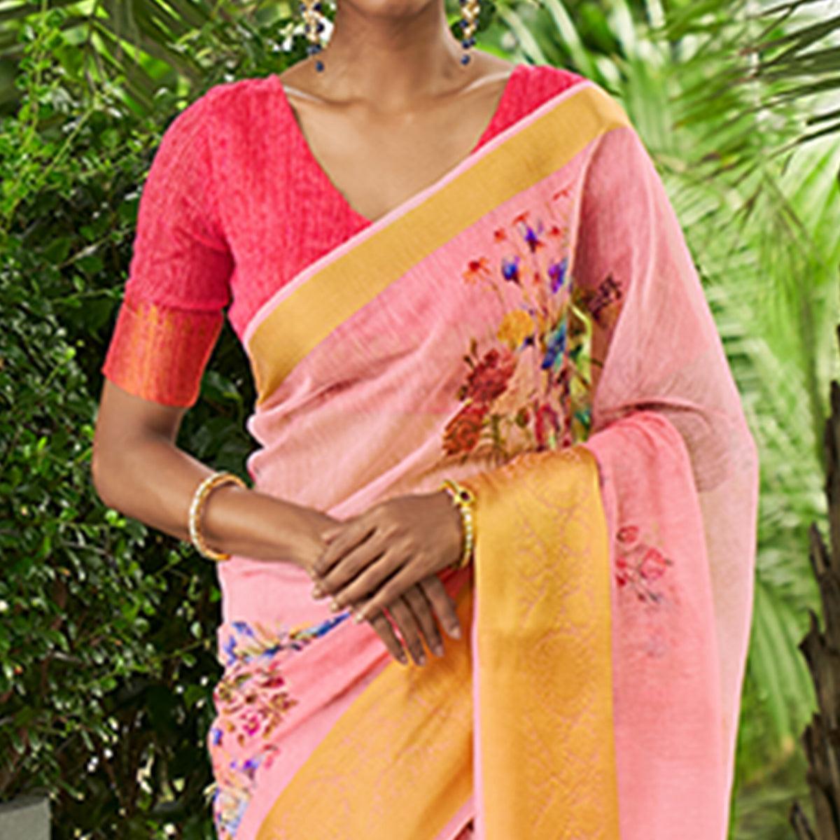 Pink Casual Wear Digital Printed Soft Organza Saree - Peachmode