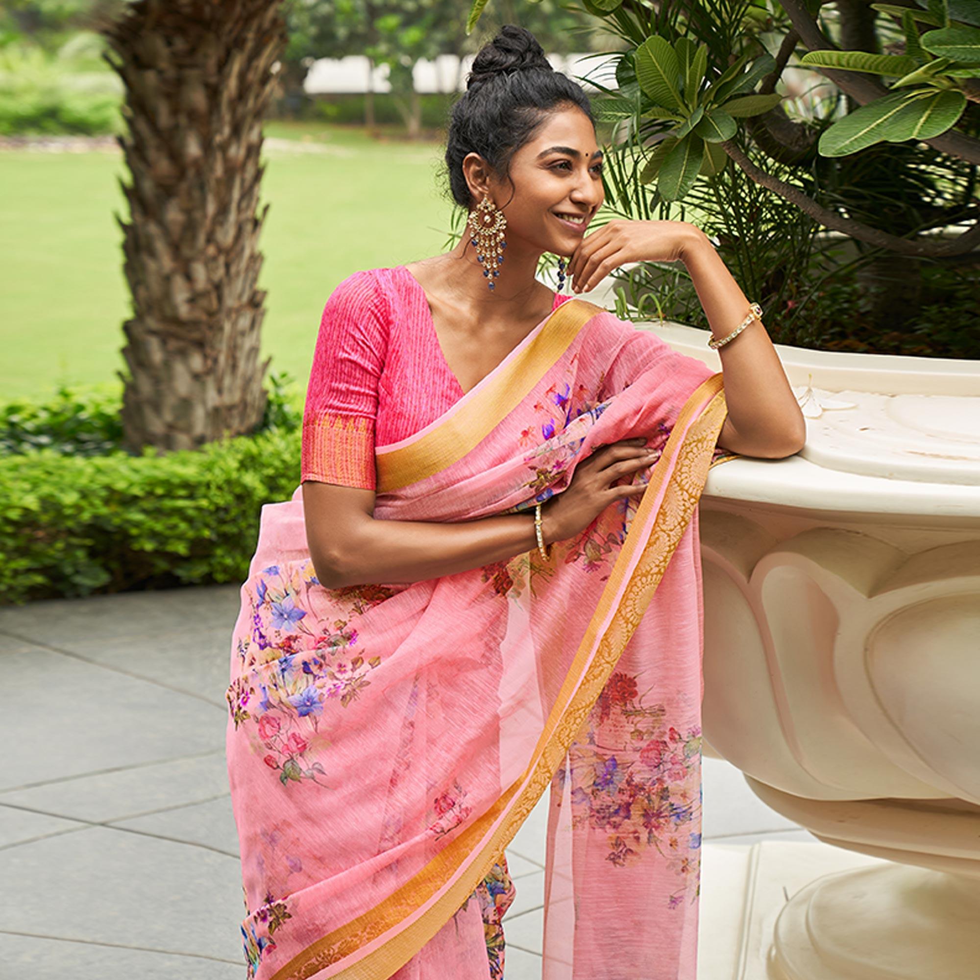 Pink Casual Wear Digital Printed Soft Organza Saree - Peachmode