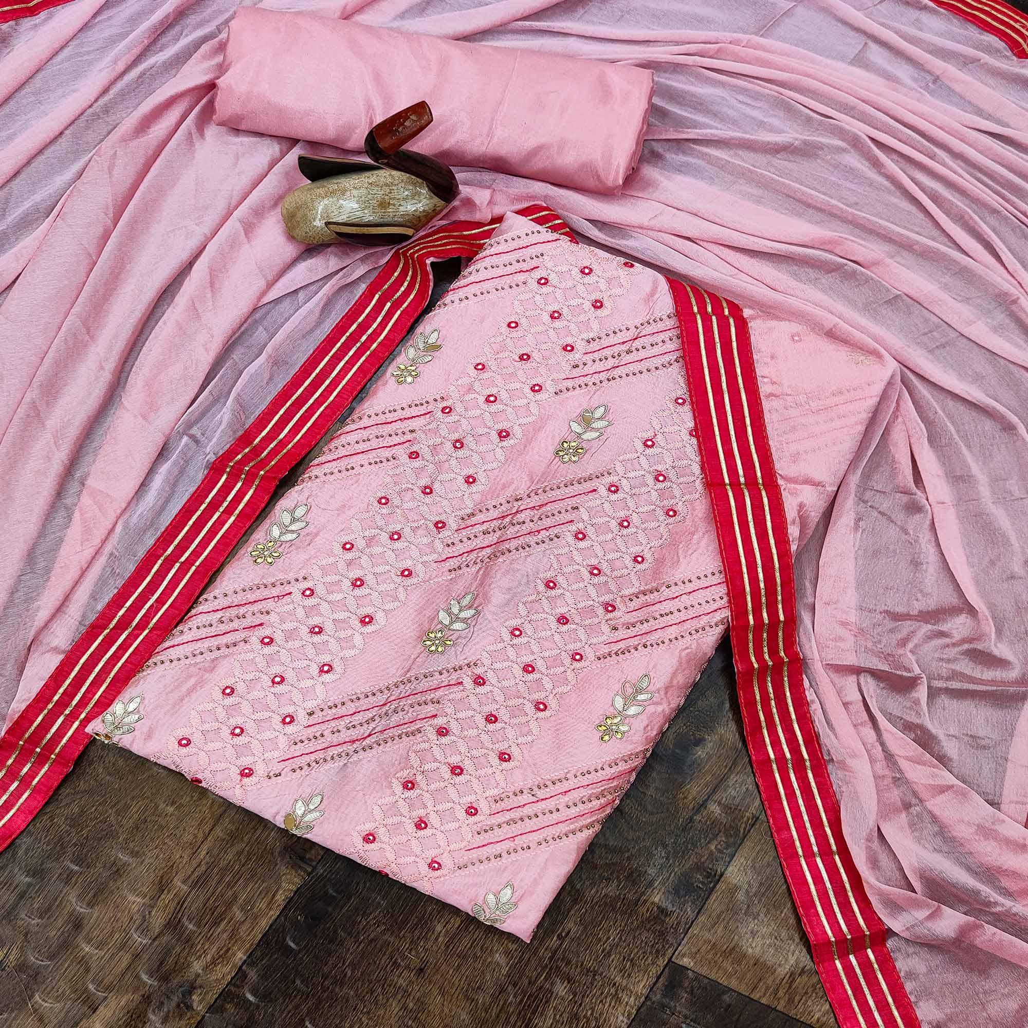 Pink Casual Wear Embroidered Chanderi Dress Material - Peachmode