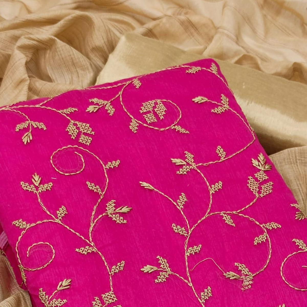 Pink Casual Wear Embroidered Chanderi Dress Material - Peachmode