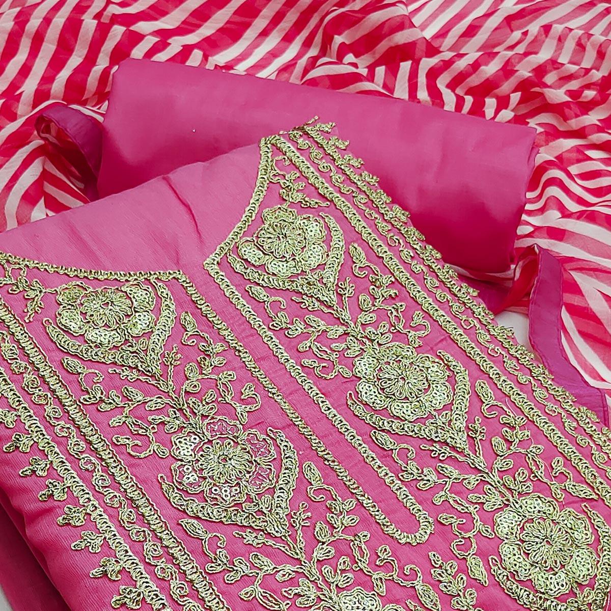 Pink Casual Wear Embroidered Chanderi Dress Material - Peachmode