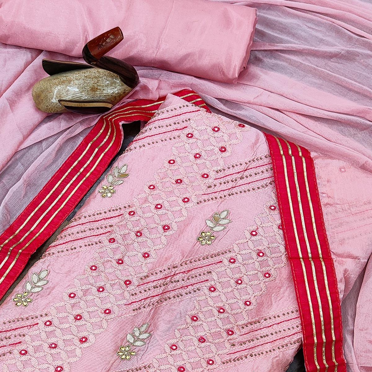 Pink Casual Wear Embroidered Chanderi Dress Material - Peachmode
