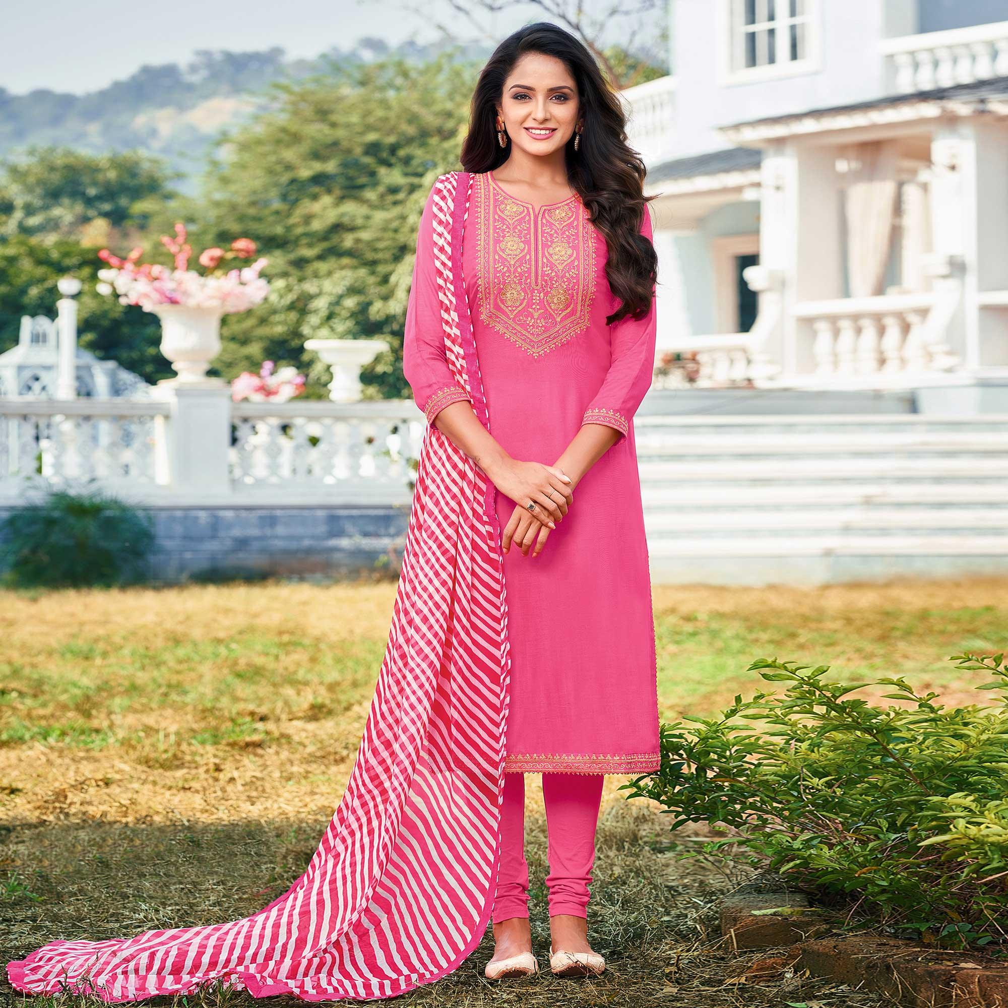 Pink Casual Wear Embroidered Chanderi Dress Material - Peachmode