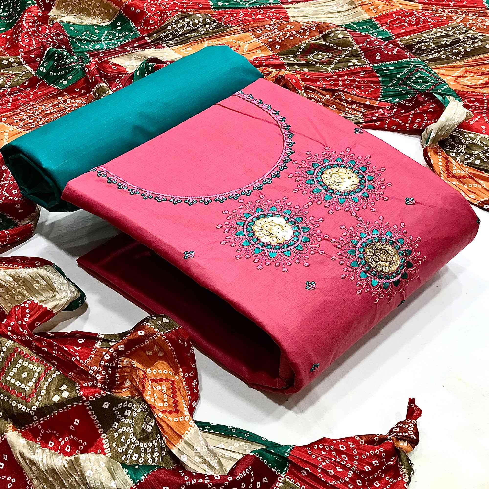 Pink Casual Wear Embroidered Cotton Dress Material - Peachmode