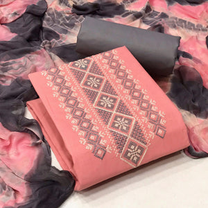 Pink Casual Wear Embroidered Cotton Dress Material - Peachmode