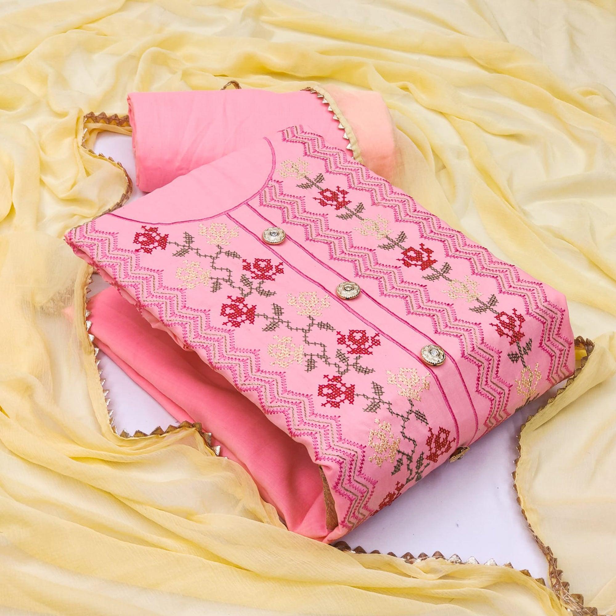 Pink Casual Wear Embroidered Cotton Dress Material - Peachmode