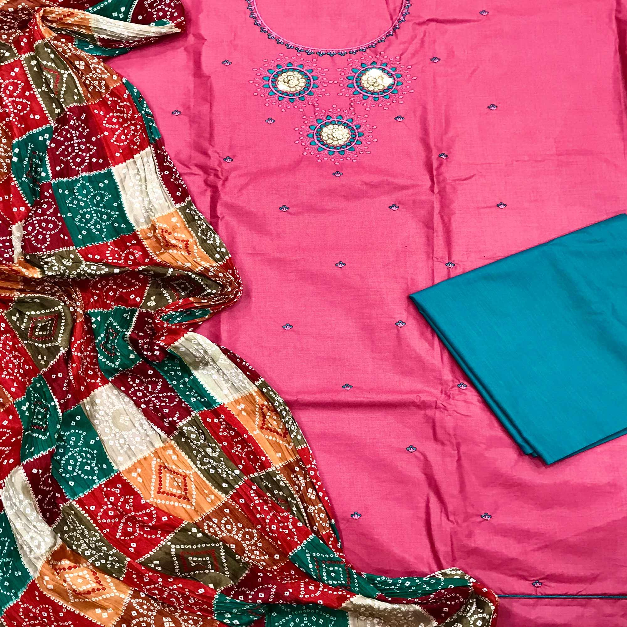 Pink Casual Wear Embroidered Cotton Dress Material - Peachmode