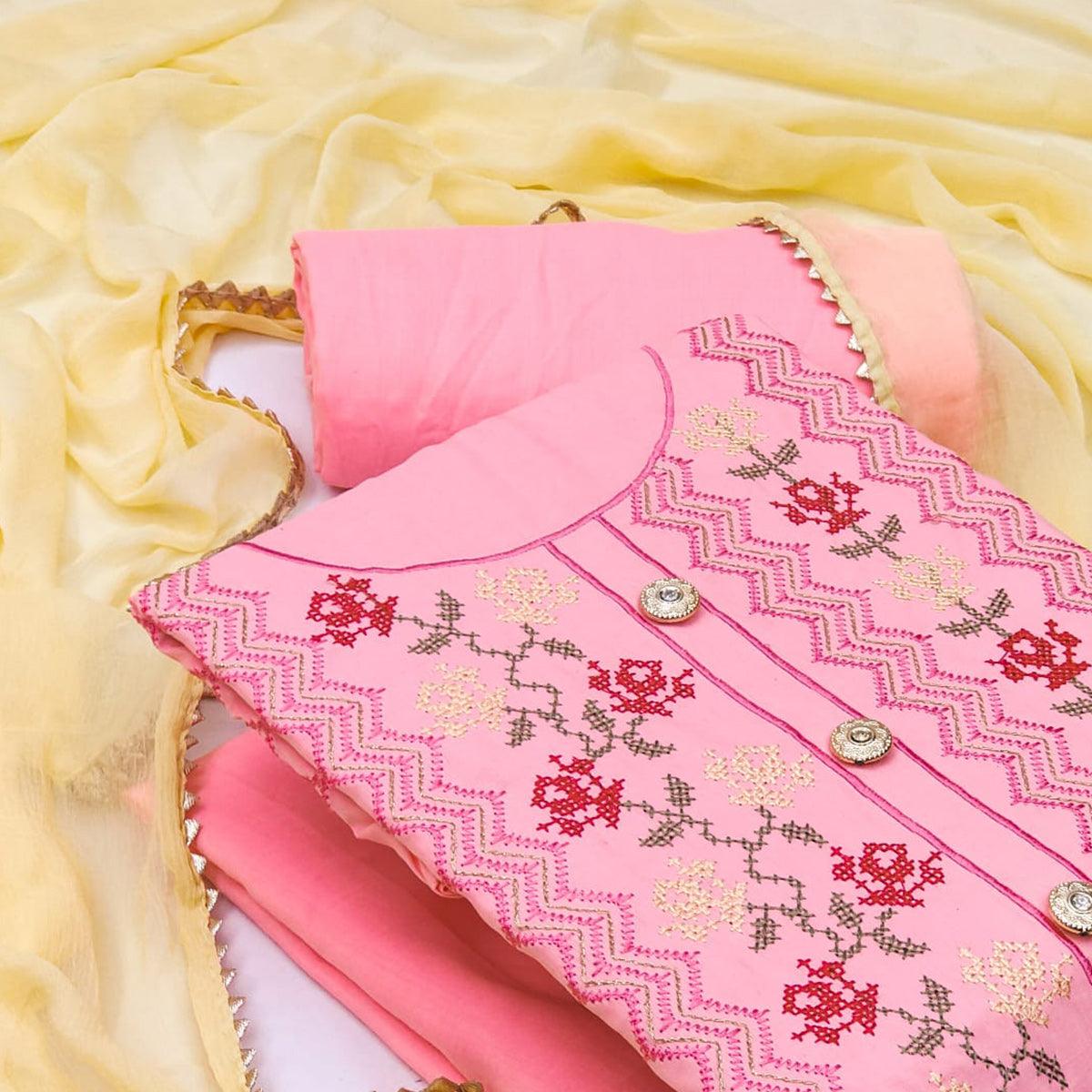Pink Casual Wear Embroidered Cotton Dress Material - Peachmode