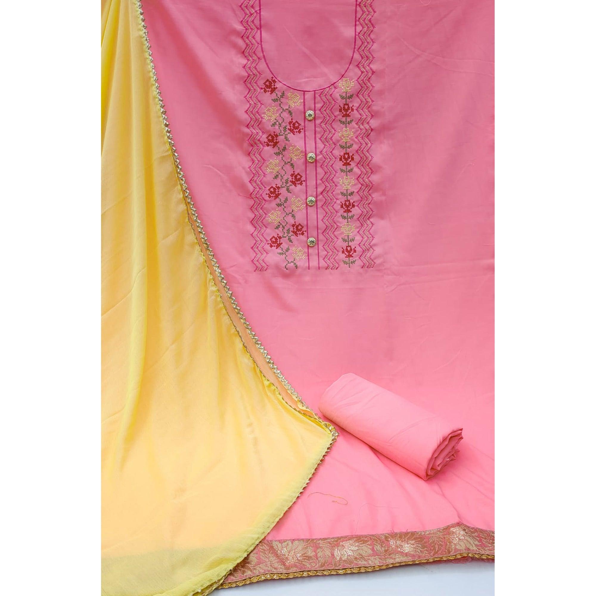 Pink Casual Wear Embroidered Cotton Dress Material - Peachmode