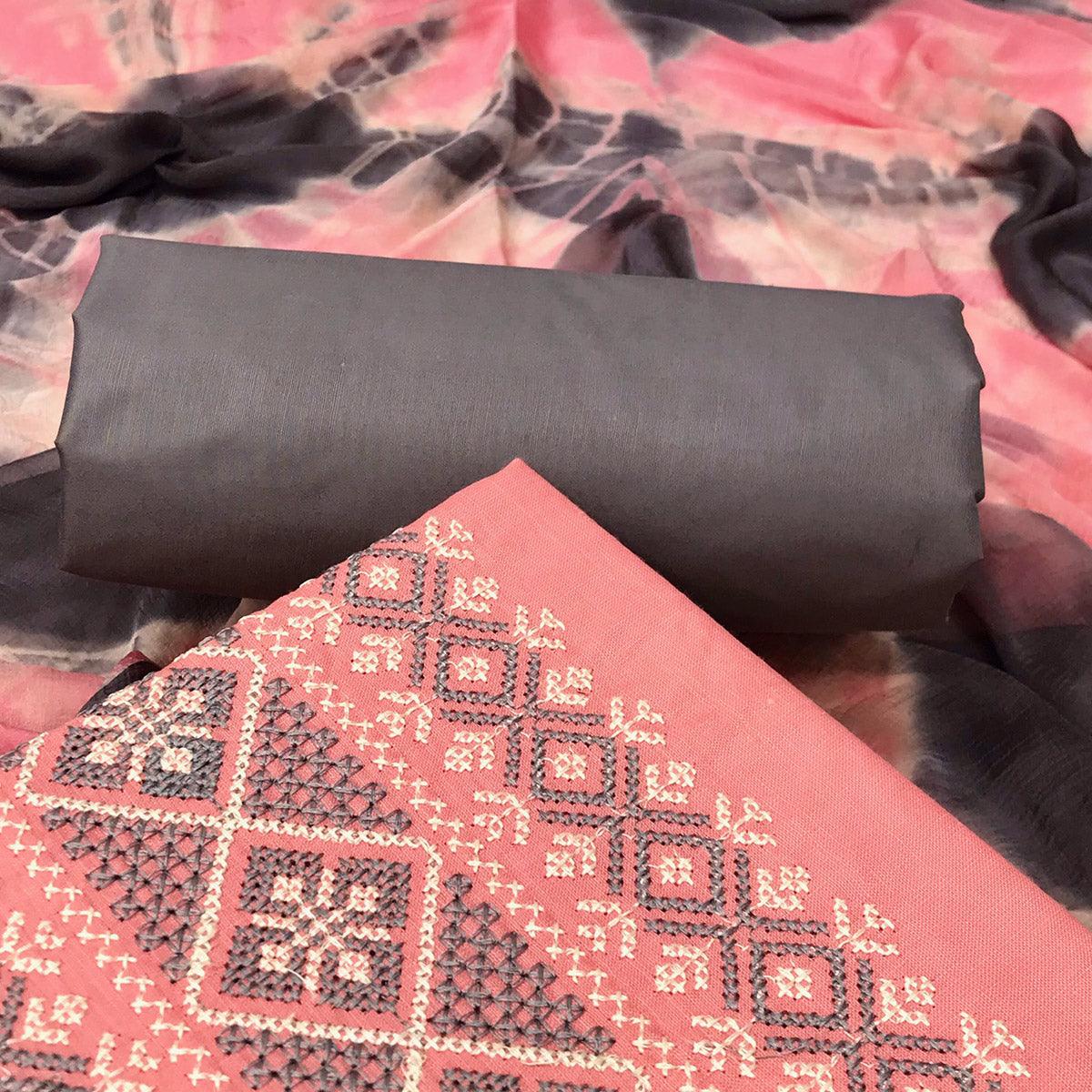 Pink Casual Wear Embroidered Cotton Dress Material - Peachmode