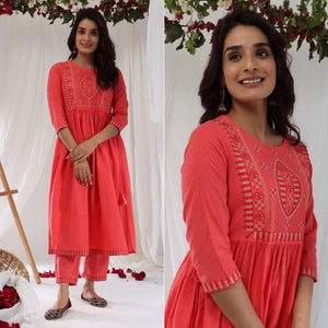 Pink Casual Wear Embroidered Cotton Kurti Pant - Peachmode