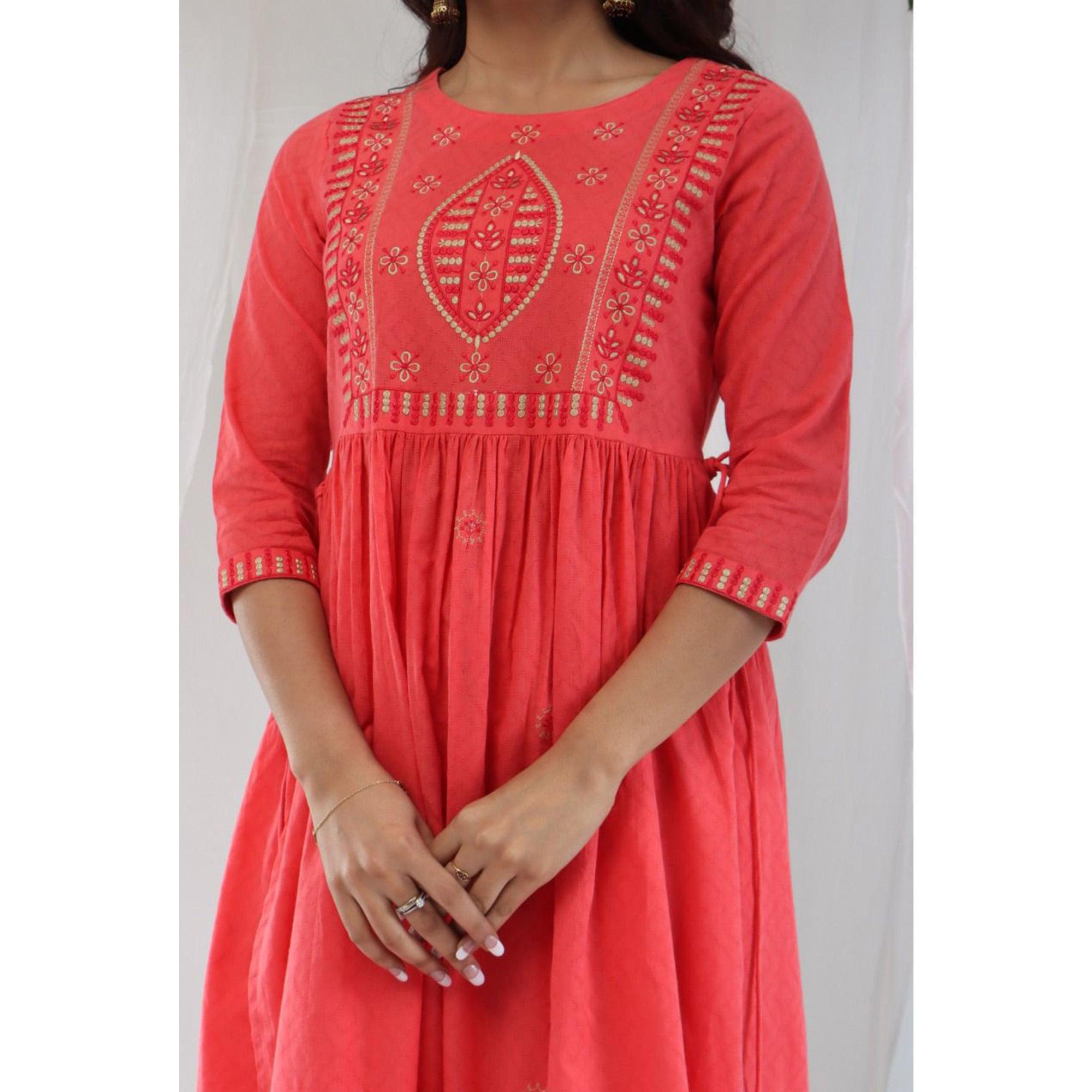 Pink Casual Wear Embroidered Cotton Kurti Pant - Peachmode