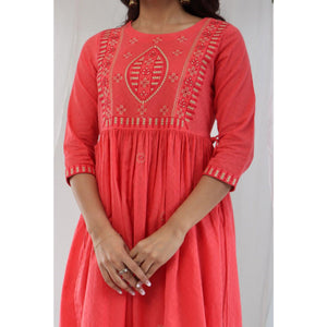 Pink Casual Wear Embroidered Cotton Kurti Pant - Peachmode