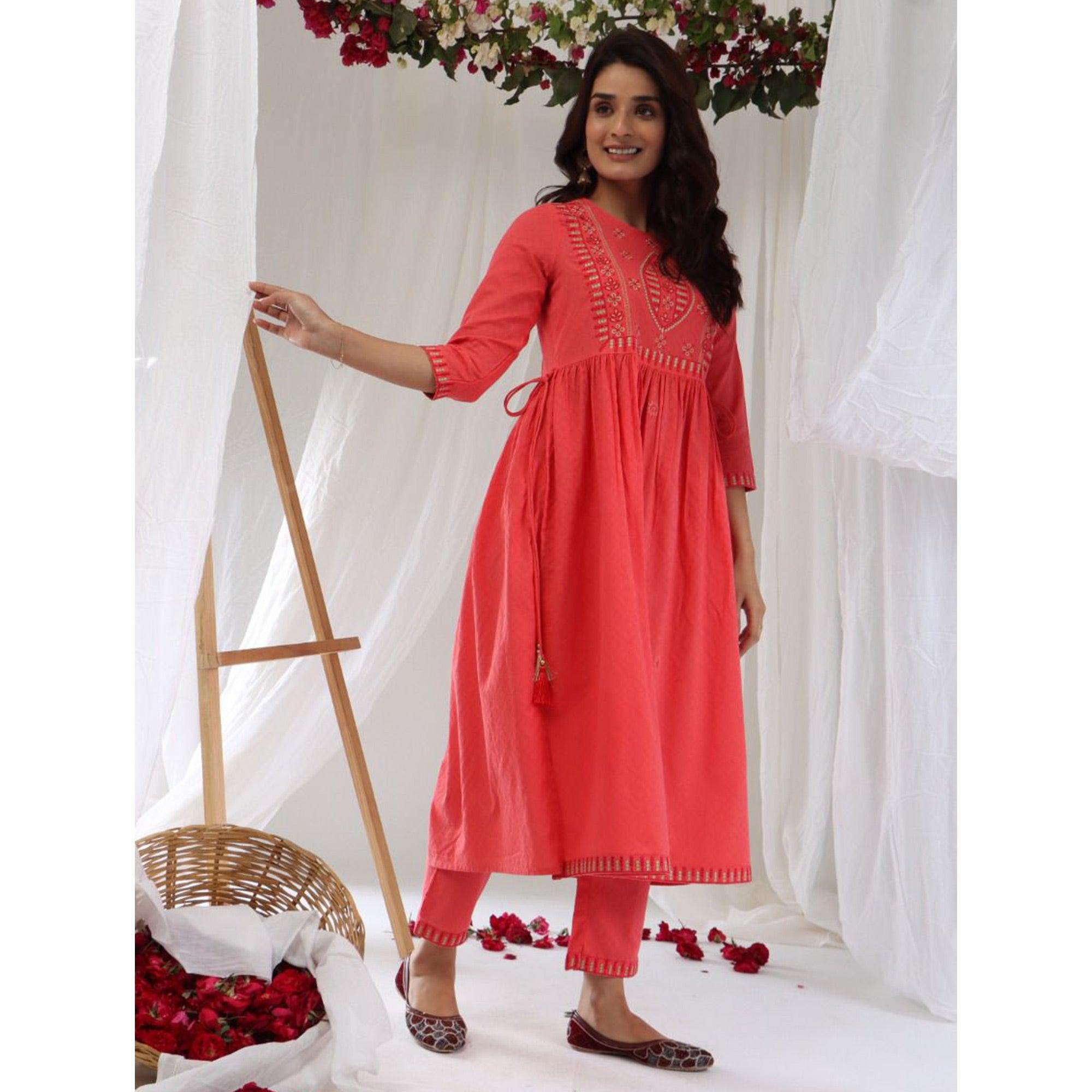 Pink Casual Wear Embroidered Cotton Kurti Pant - Peachmode