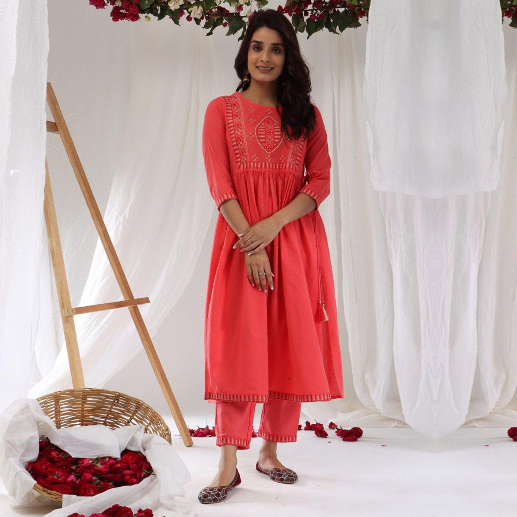 Pink Casual Wear Embroidered Cotton Kurti Pant - Peachmode