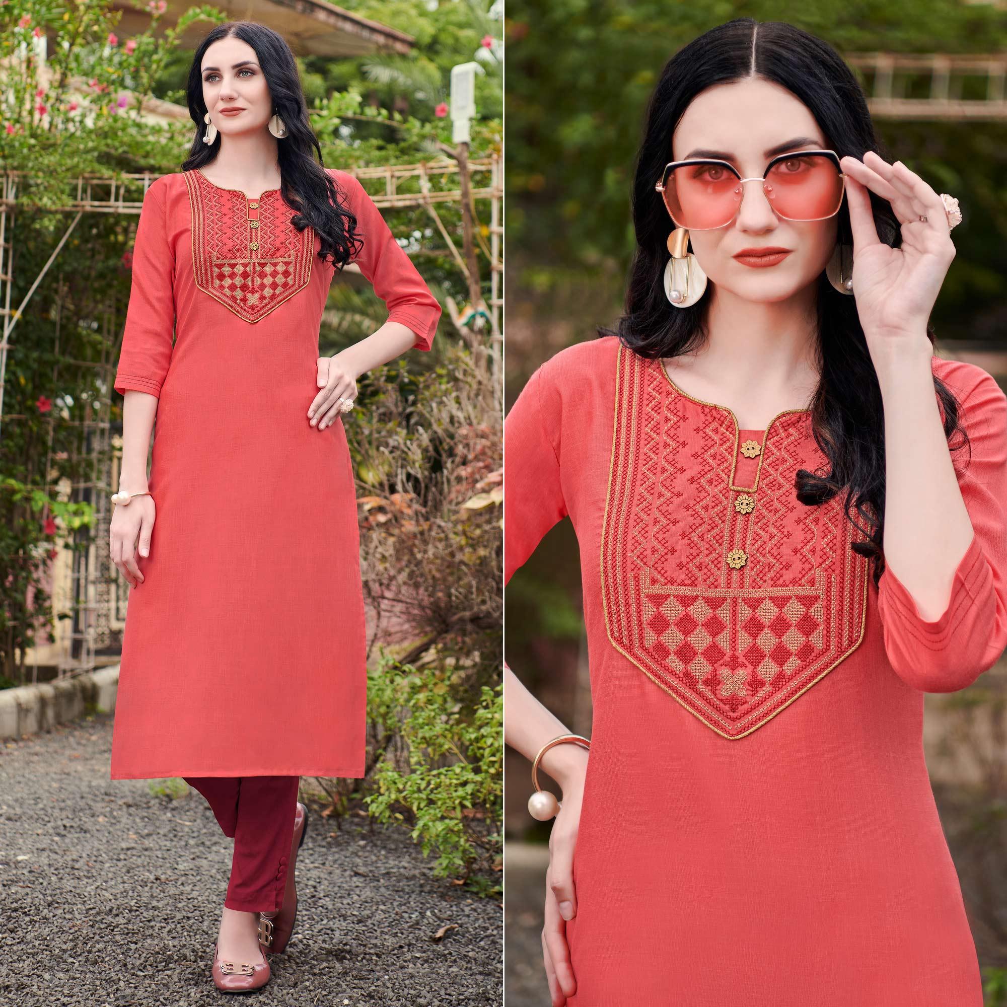 Pink Casual Wear Embroidered Cotton Kurti - Peachmode