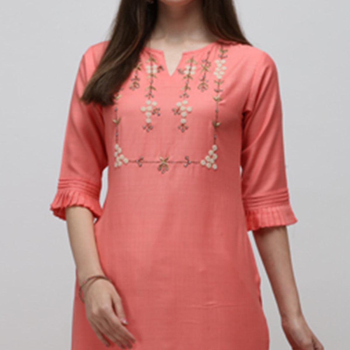 Pink Casual Wear Embroidered Cotton Kurti - Peachmode