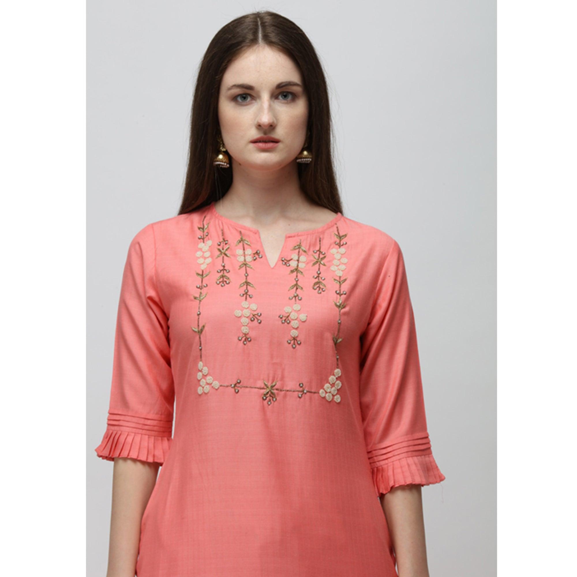 Pink Casual Wear Embroidered Cotton Kurti - Peachmode