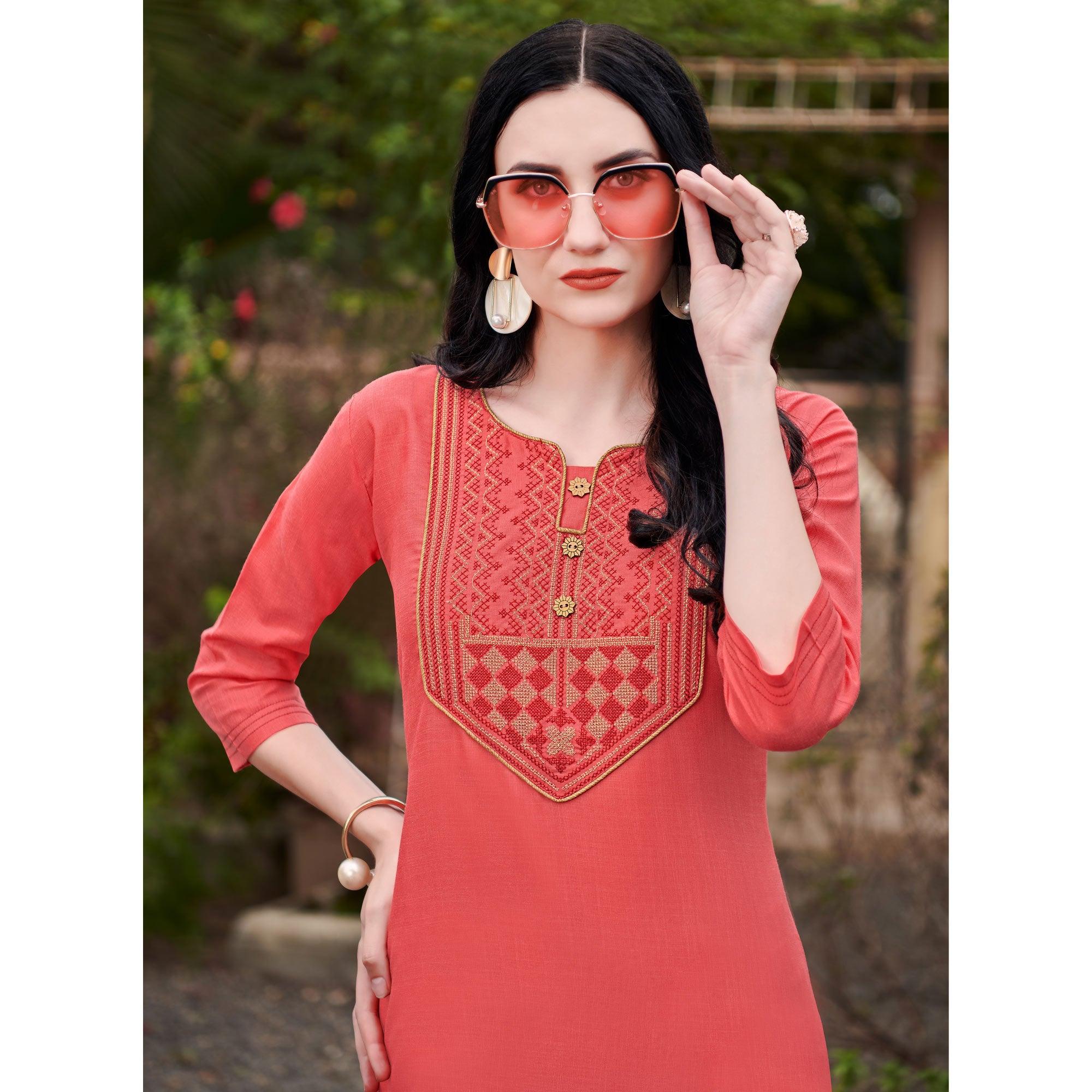 Pink Casual Wear Embroidered Cotton Kurti - Peachmode