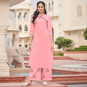 Pink Casual Wear Embroidered Cotton Palazzo Suit - Peachmode