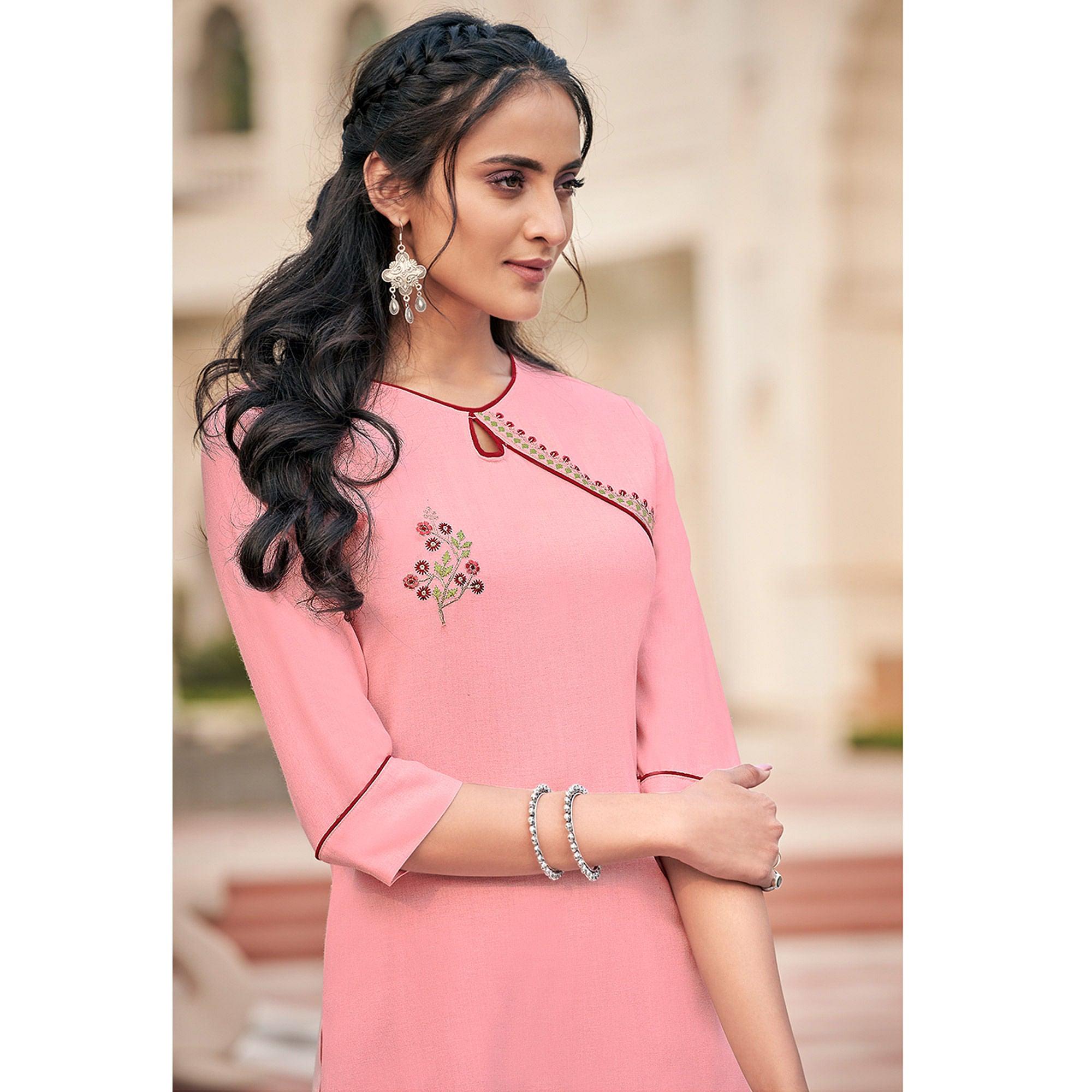 Pink Casual Wear Embroidered Cotton Palazzo Suit - Peachmode