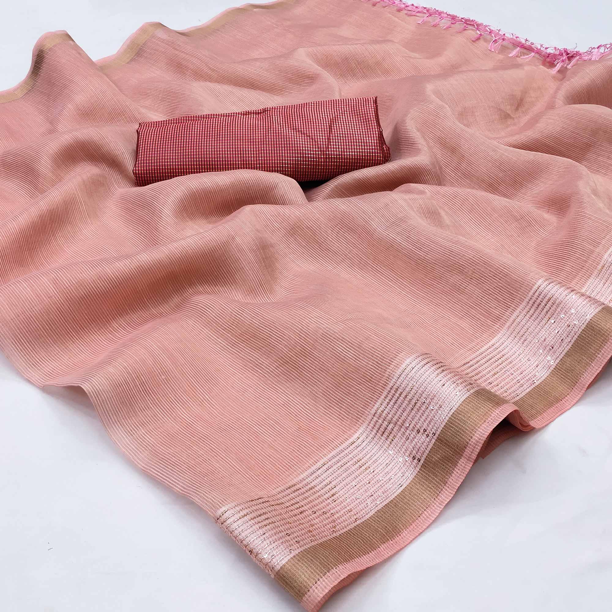 Pink Casual Wear Embroidered Cotton Saree With Tassels - Peachmode