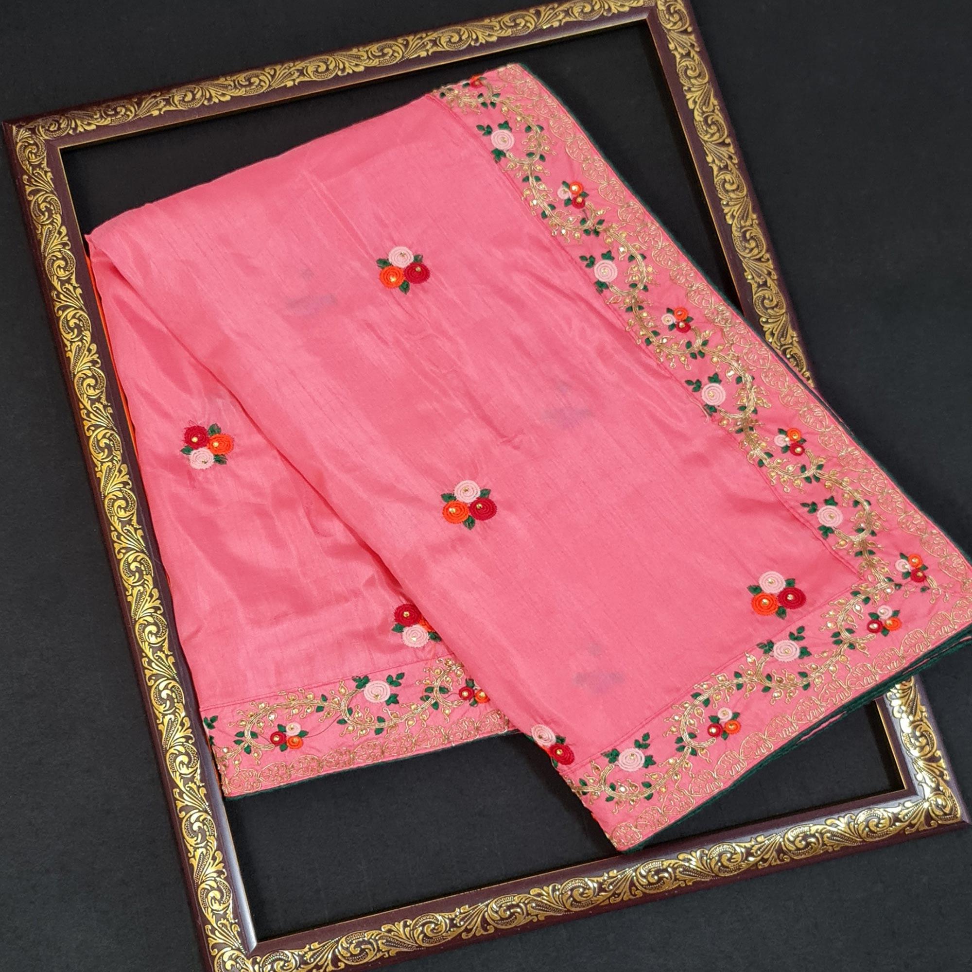 Pink Casual Wear Embroidered Dola Silk Saree - Peachmode