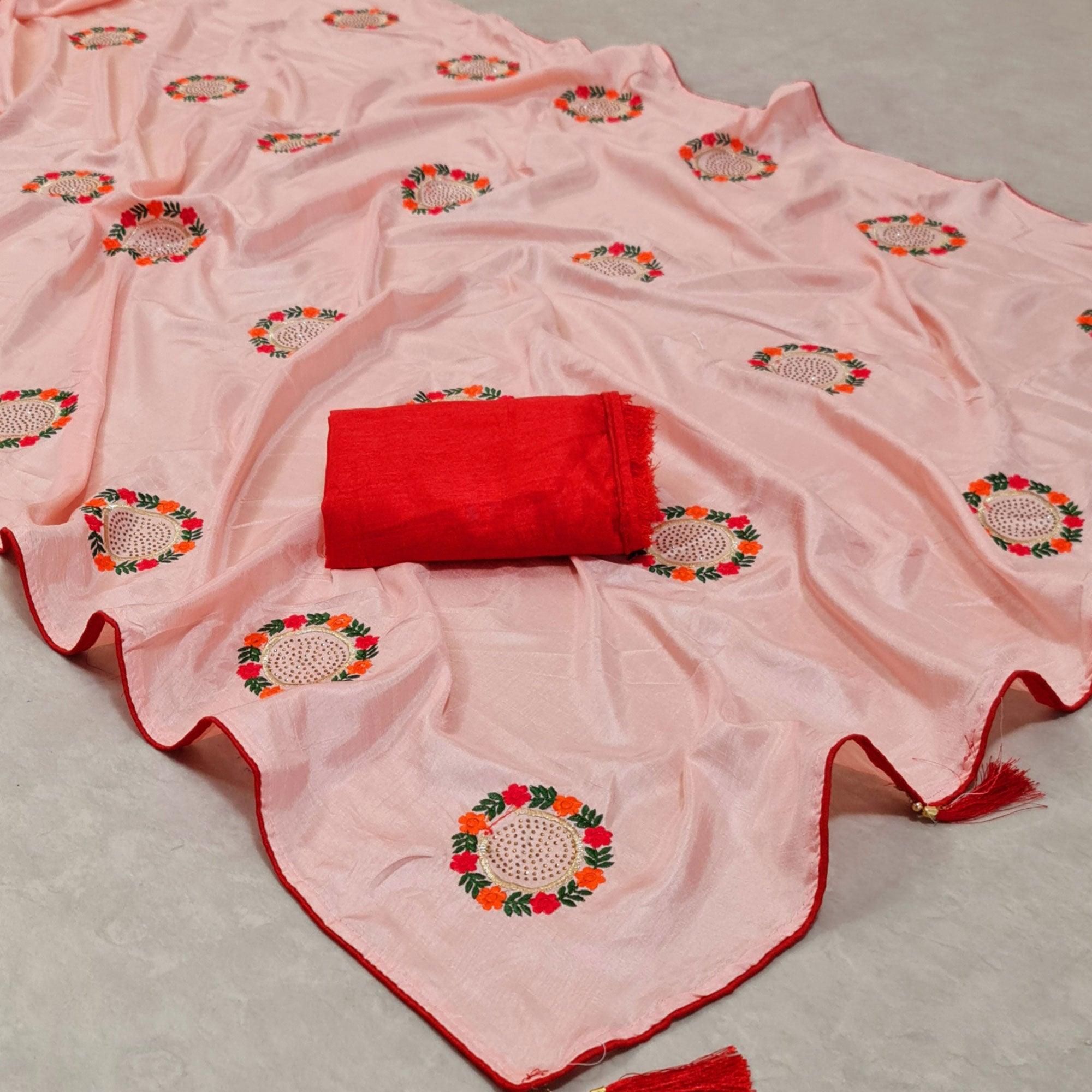 Pink Casual Wear Embroidered Dola Silk Saree - Peachmode