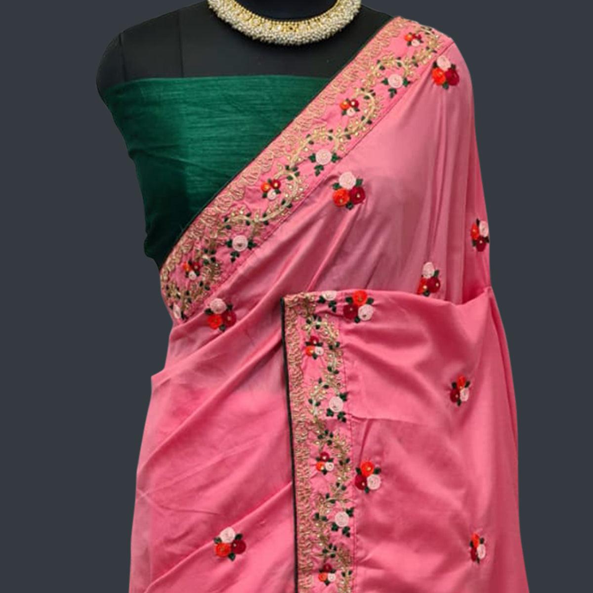 Pink Casual Wear Embroidered Dola Silk Saree - Peachmode