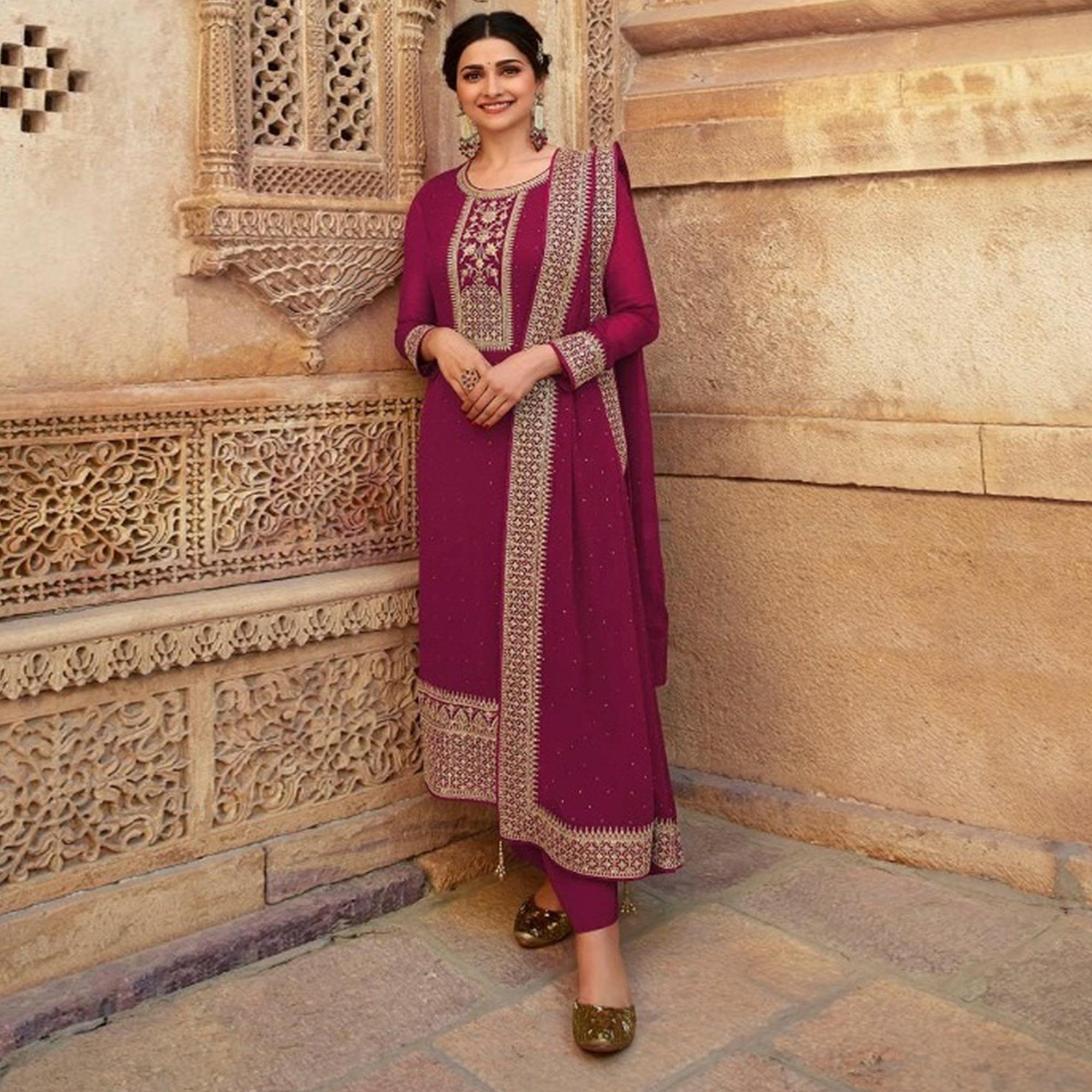 Pink Casual Wear Embroidered Faux Georgette Salwar Suit - Peachmode