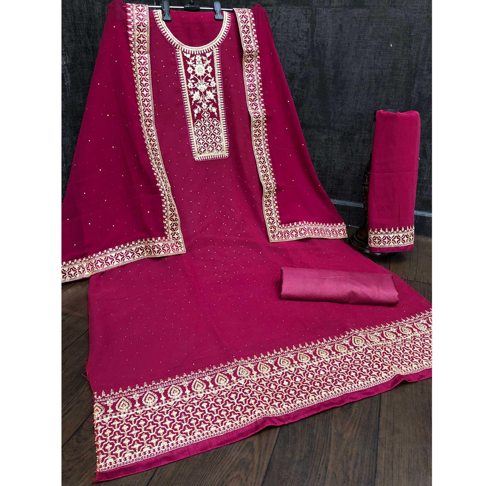 Pink Casual Wear Embroidered Faux Georgette Salwar Suit - Peachmode