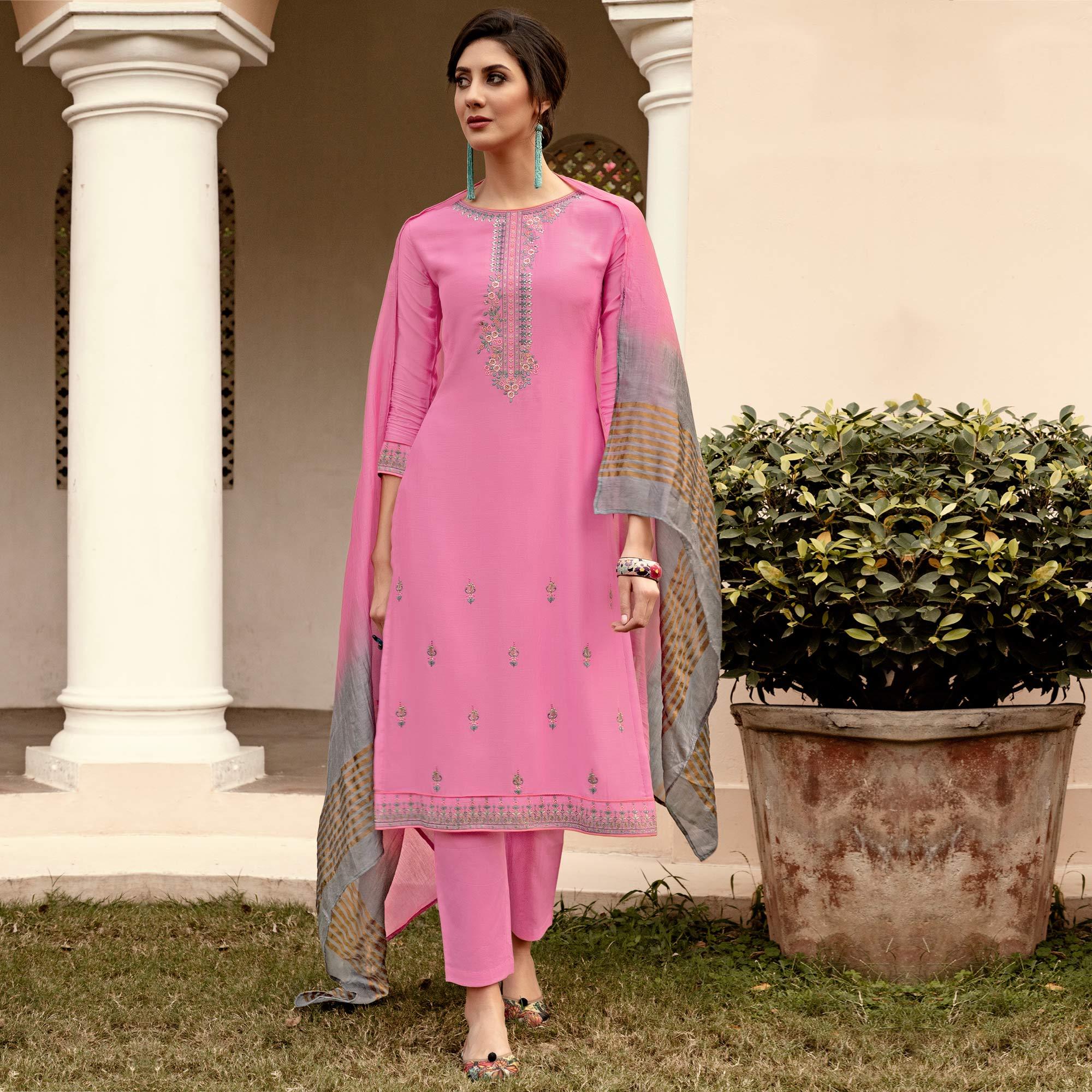Pink Casual Wear Embroidered Georgette Suit - Peachmode