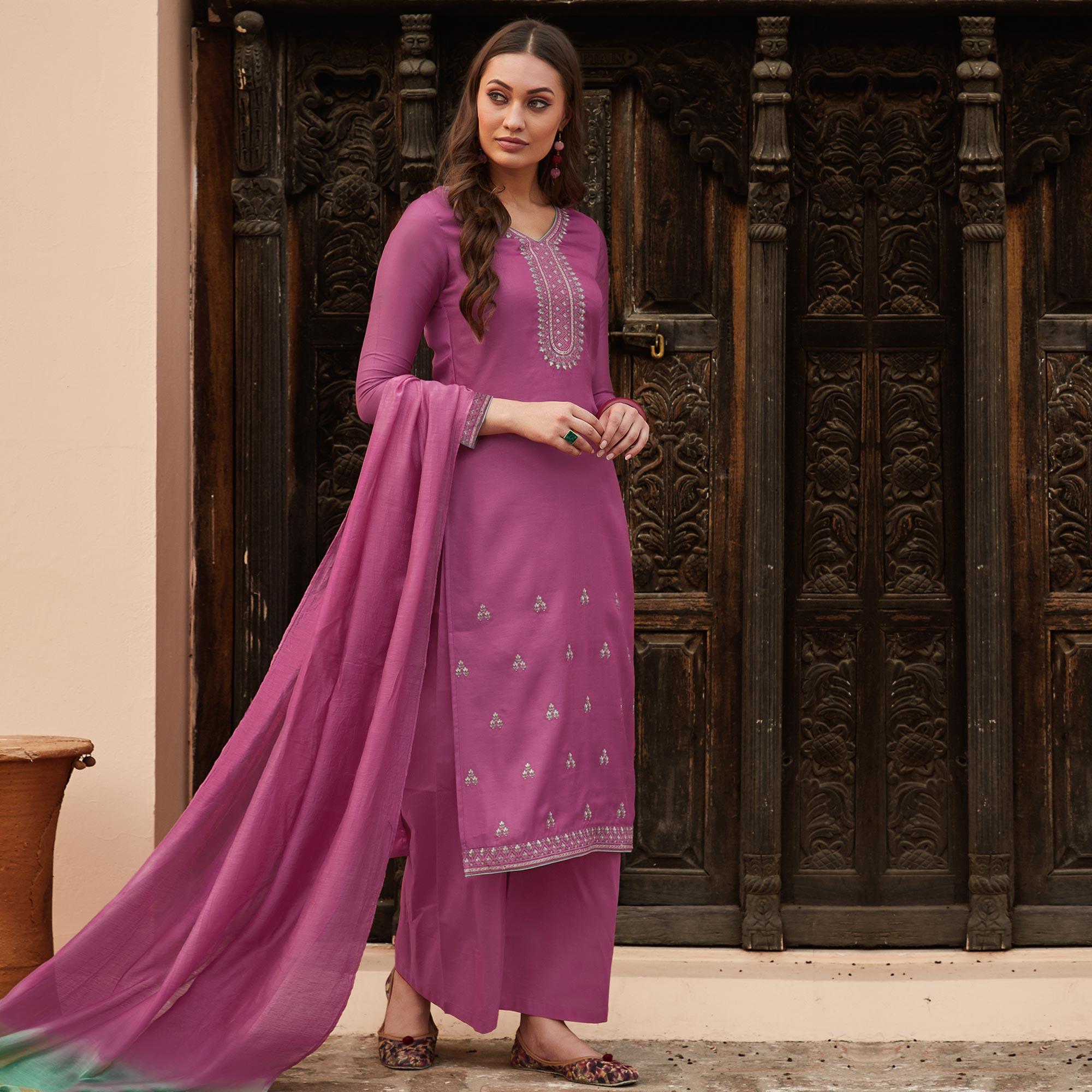 Pink Casual Wear Embroidered Georgette Suit - Peachmode