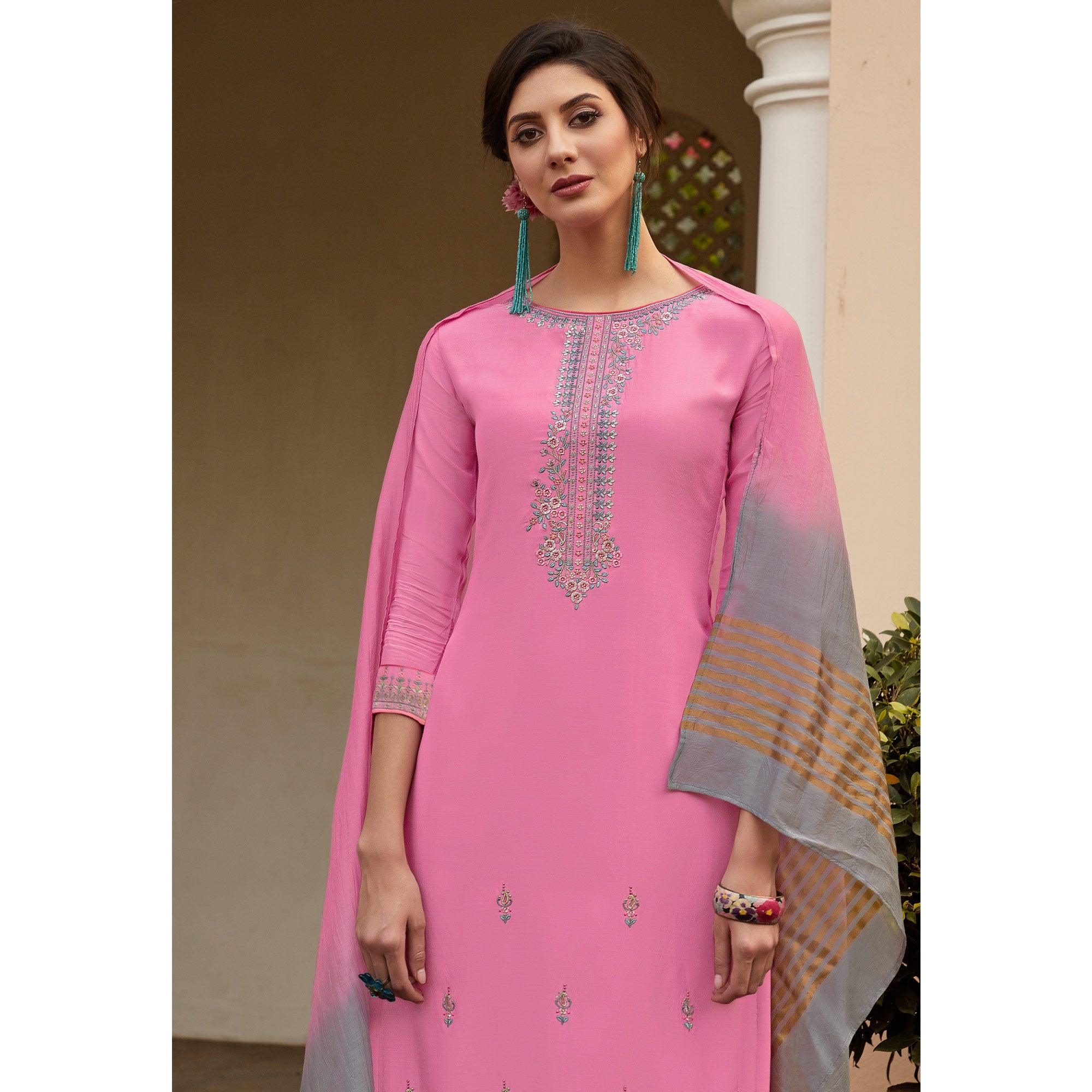 Pink Casual Wear Embroidered Georgette Suit - Peachmode