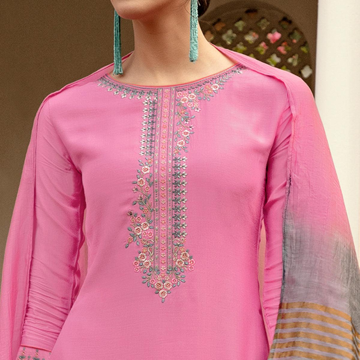 Pink Casual Wear Embroidered Georgette Suit - Peachmode