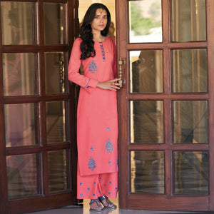 Pink Casual Wear Embroidered Heavy Rayon Kurti - Palazzo Set - Peachmode