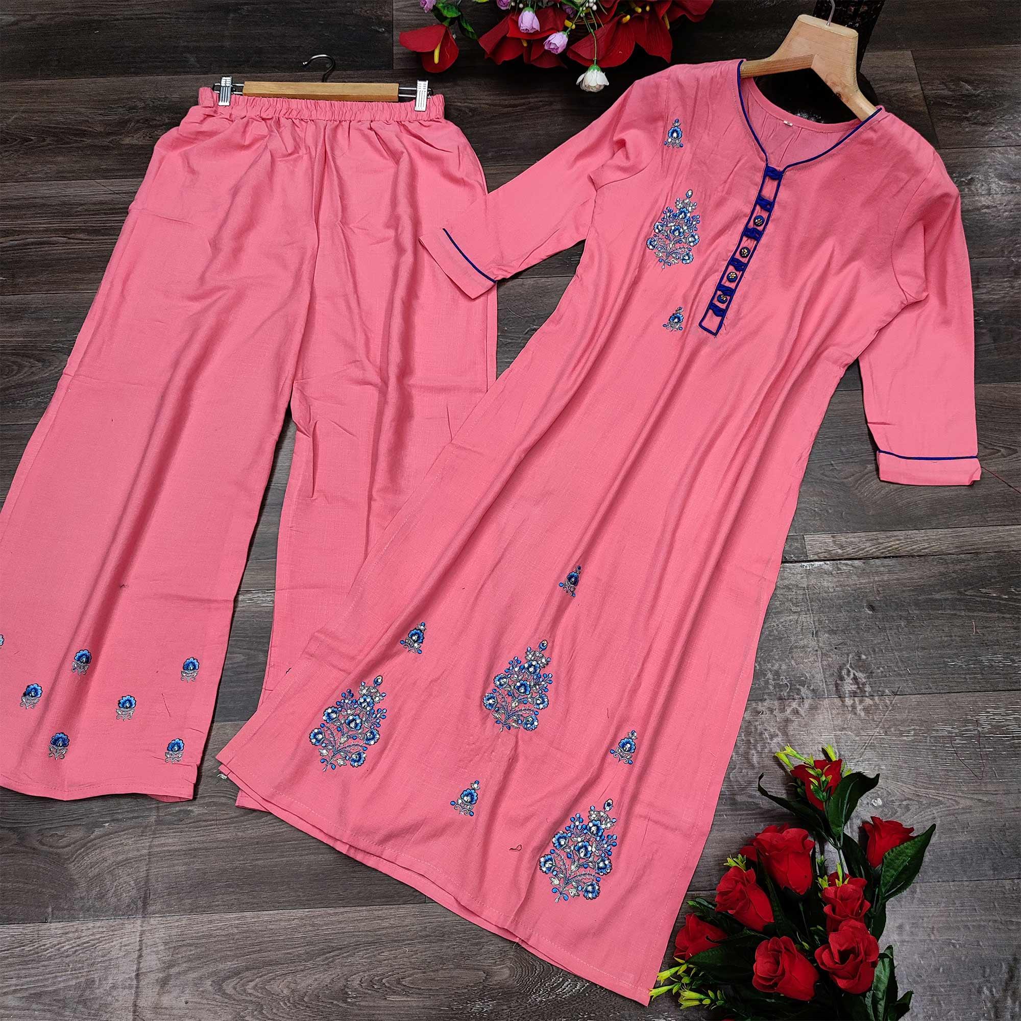 Pink Casual Wear Embroidered Heavy Rayon Kurti - Palazzo Set - Peachmode